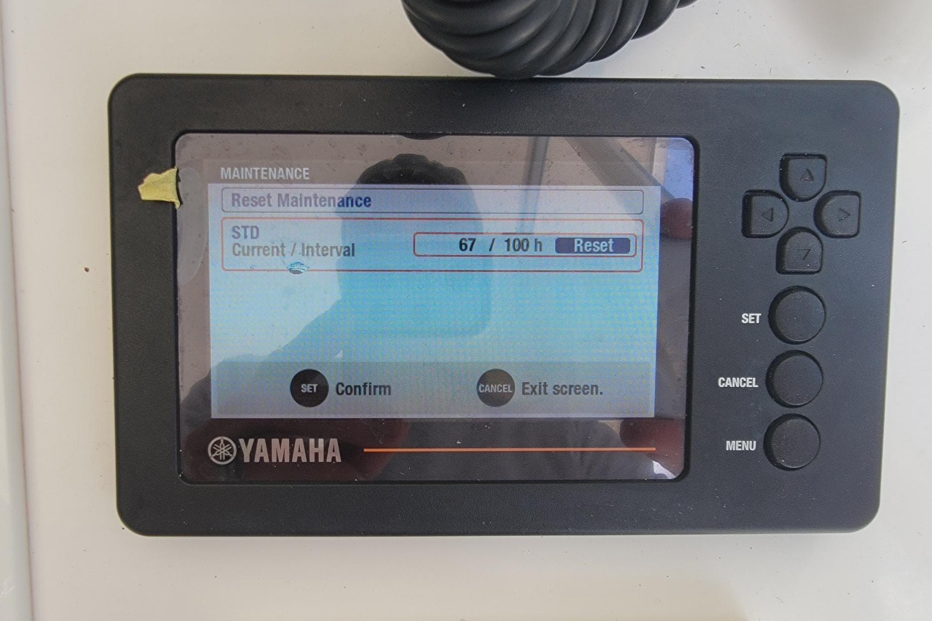 Yamaha maintenance screen on 2008 SeaCraft SC 20 Classic, showing 67/100 hours interval.
