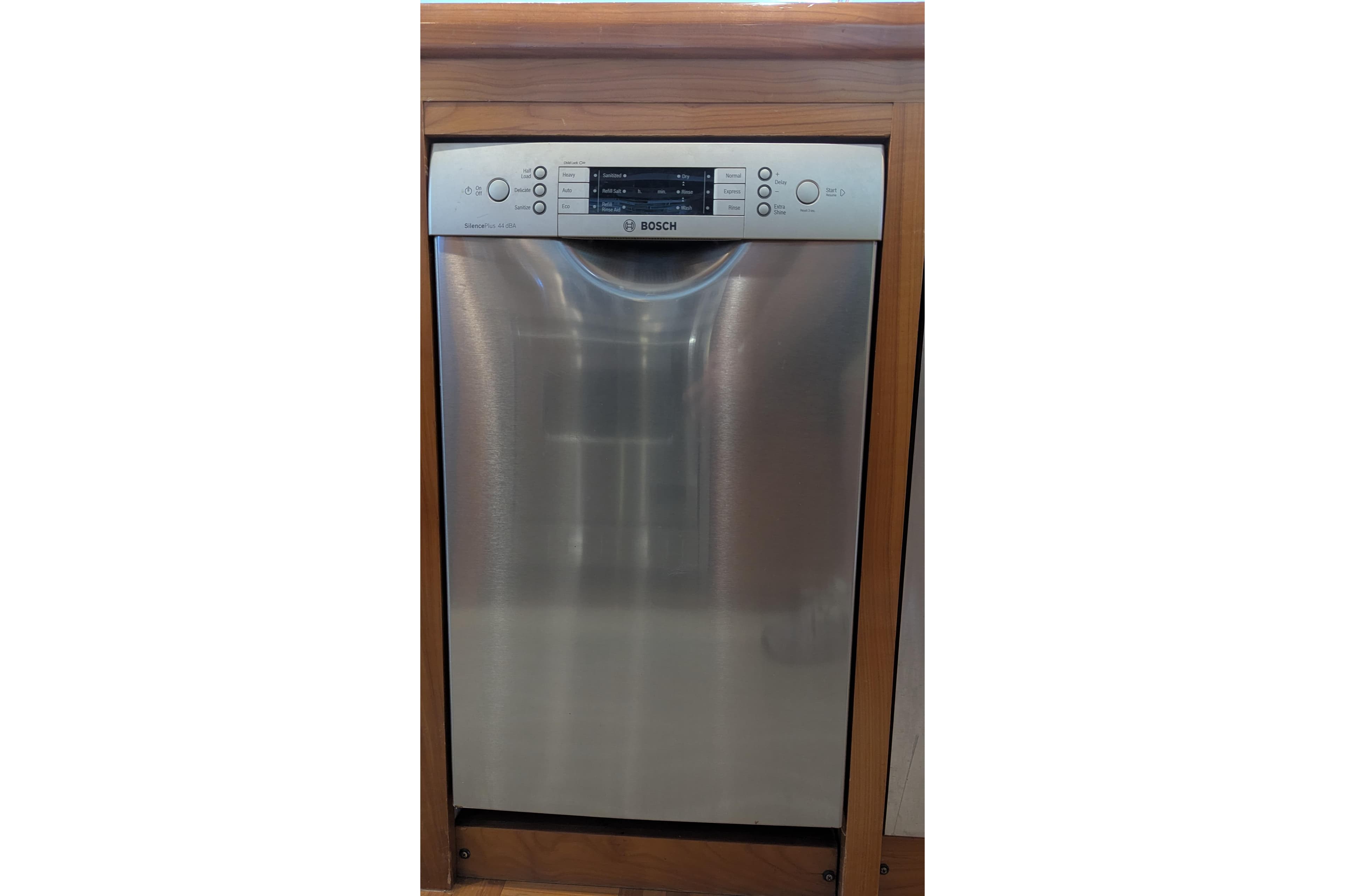 Bosch stainless steel dishwasher in Kadey-Krogen 2005 Pilothouse kitchen.
