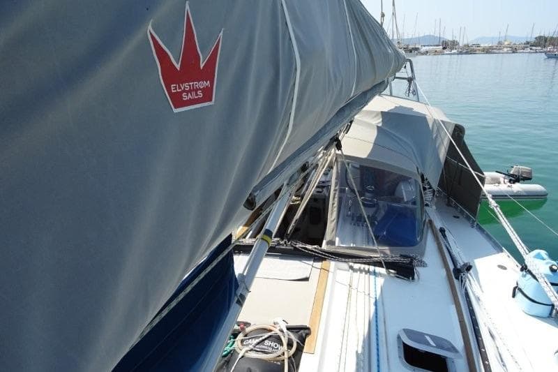 Jeanneau Sun Odyssey 45.2 sailboat with Elvstrøm sails, docked in a marina, 2000 model.