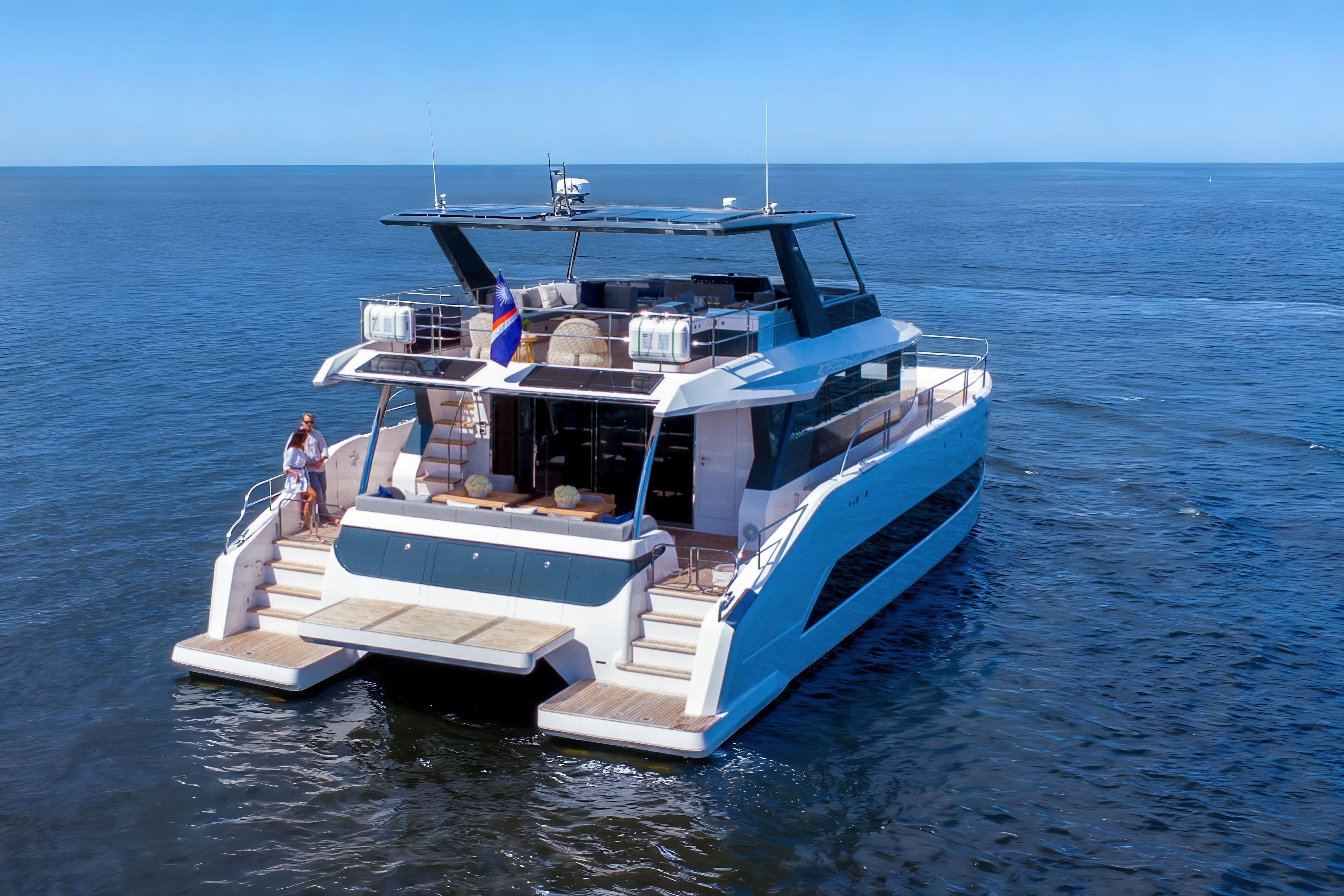 Luxurious Oceanwalker S60e electric yacht cruising on open sea, 2026 model.