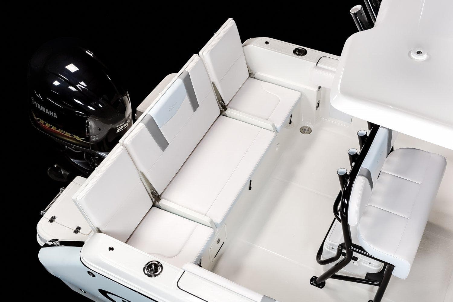 Manufacturer Provided Image: 2025 Robalo R232 Explorer boat interior with Yamaha engine, featuring white seating and sleek design.