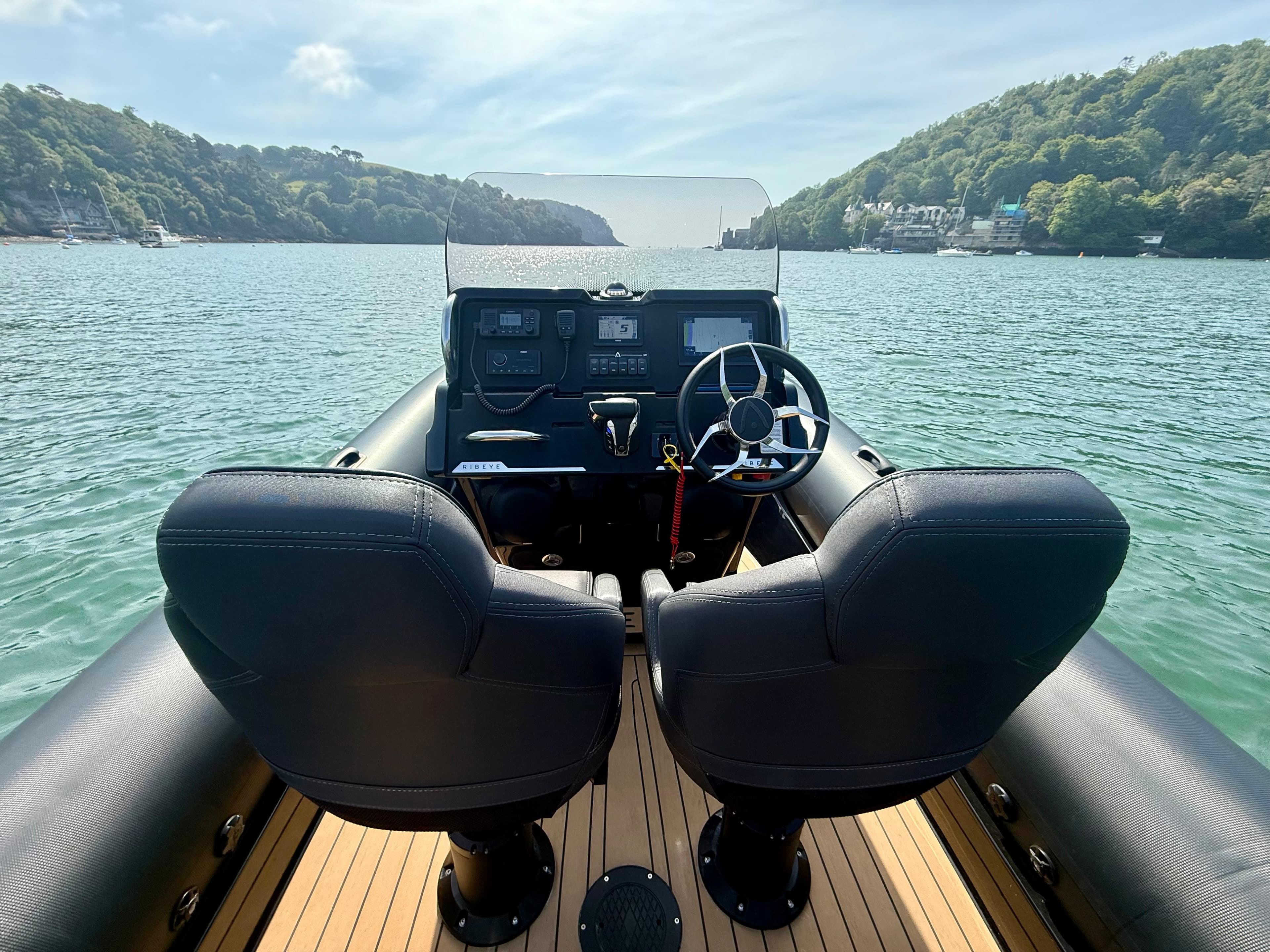 Interior view of a Ribeye A683 boat on the water, 2023 model.