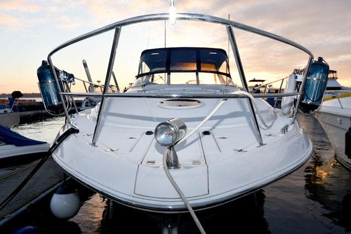 2006 Regal Commodore 3560 yacht docked at sunset, front view.
