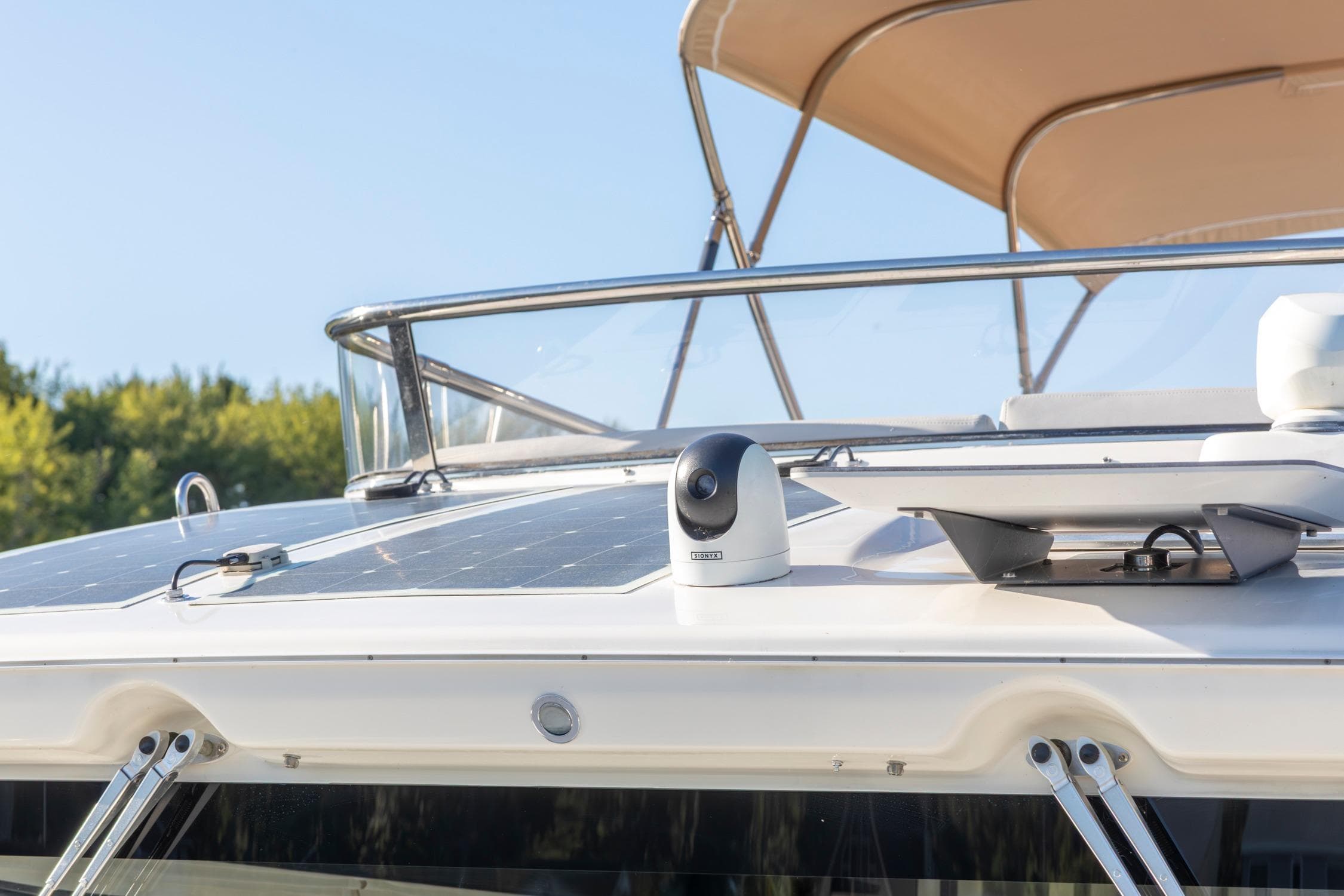 2018 Cranchi Eco Trawler 53 Long Distance with solar panels and camera on deck.