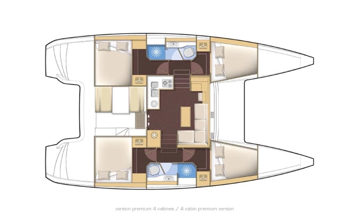Floor plan of 2016 Lagoon 39 catamaran, featuring four cabins and central living area.