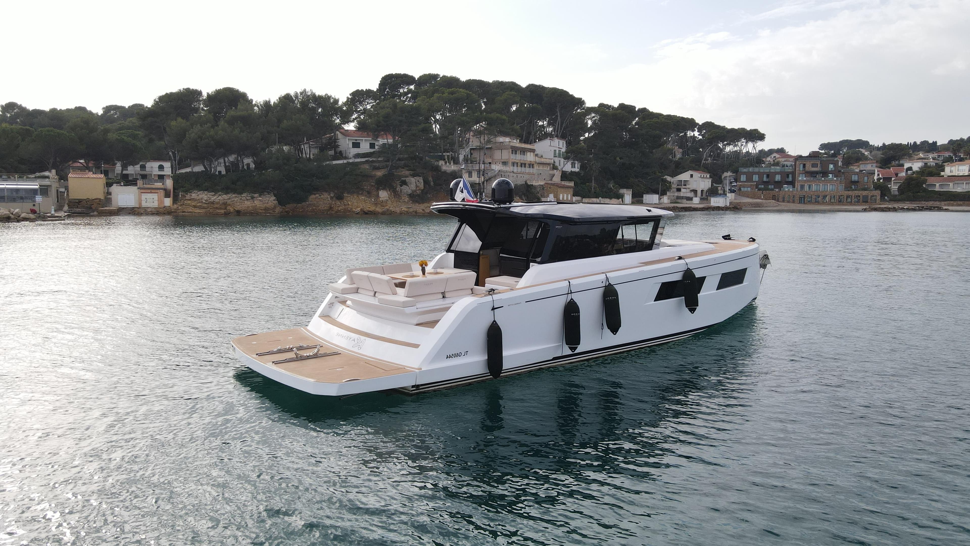 2023 Pardo Yachts GT 52 luxury yacht on serene water.