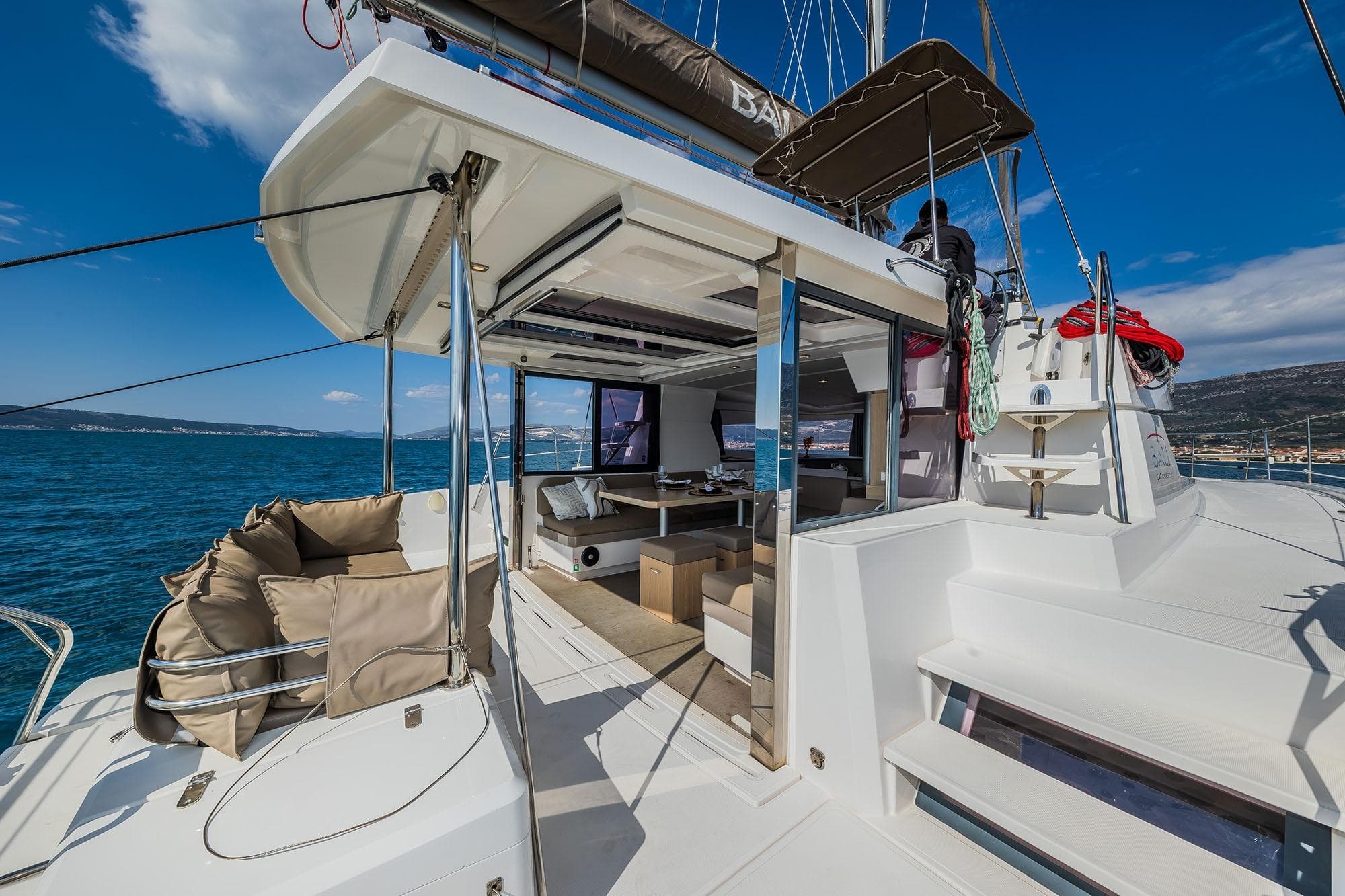 Luxurious 2018 Bali 4.1 catamaran with spacious deck and modern interior on open sea.