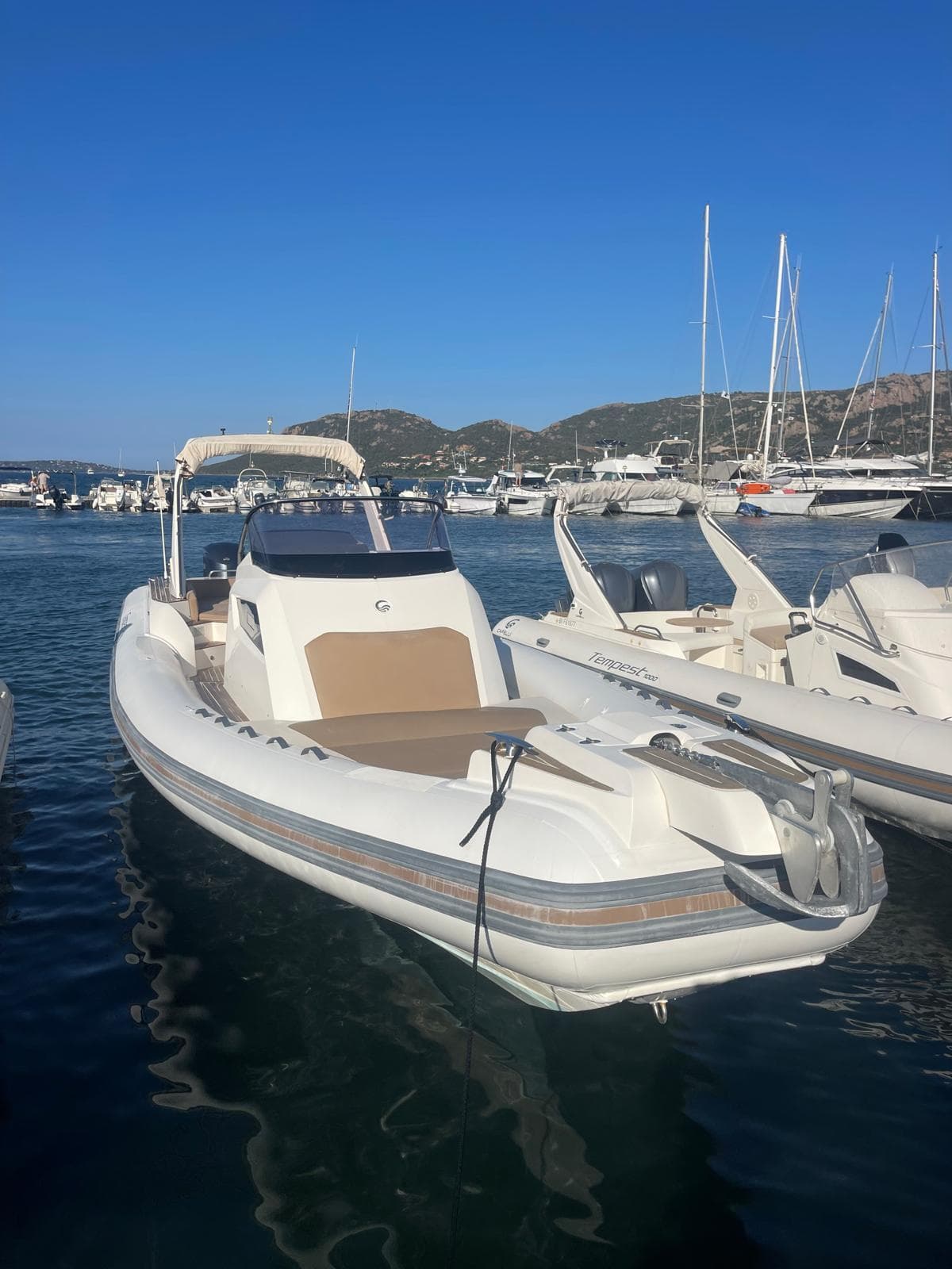 2017 Capelli Tempest 40 boat docked in a marina, surrounded by other vessels.