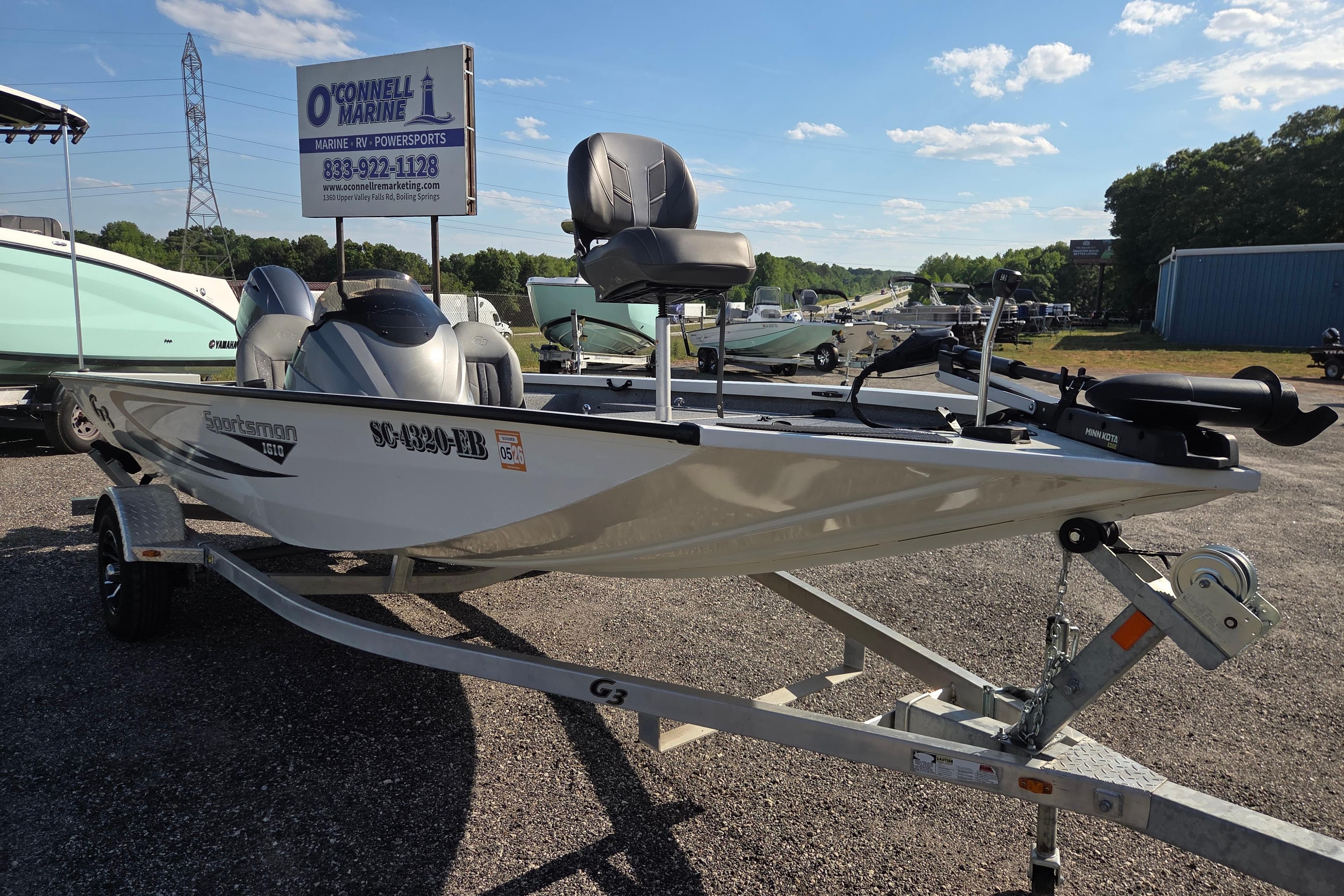 2022 G3 Sportsman 1610 boat on trailer at O'Connell Marine dealership.