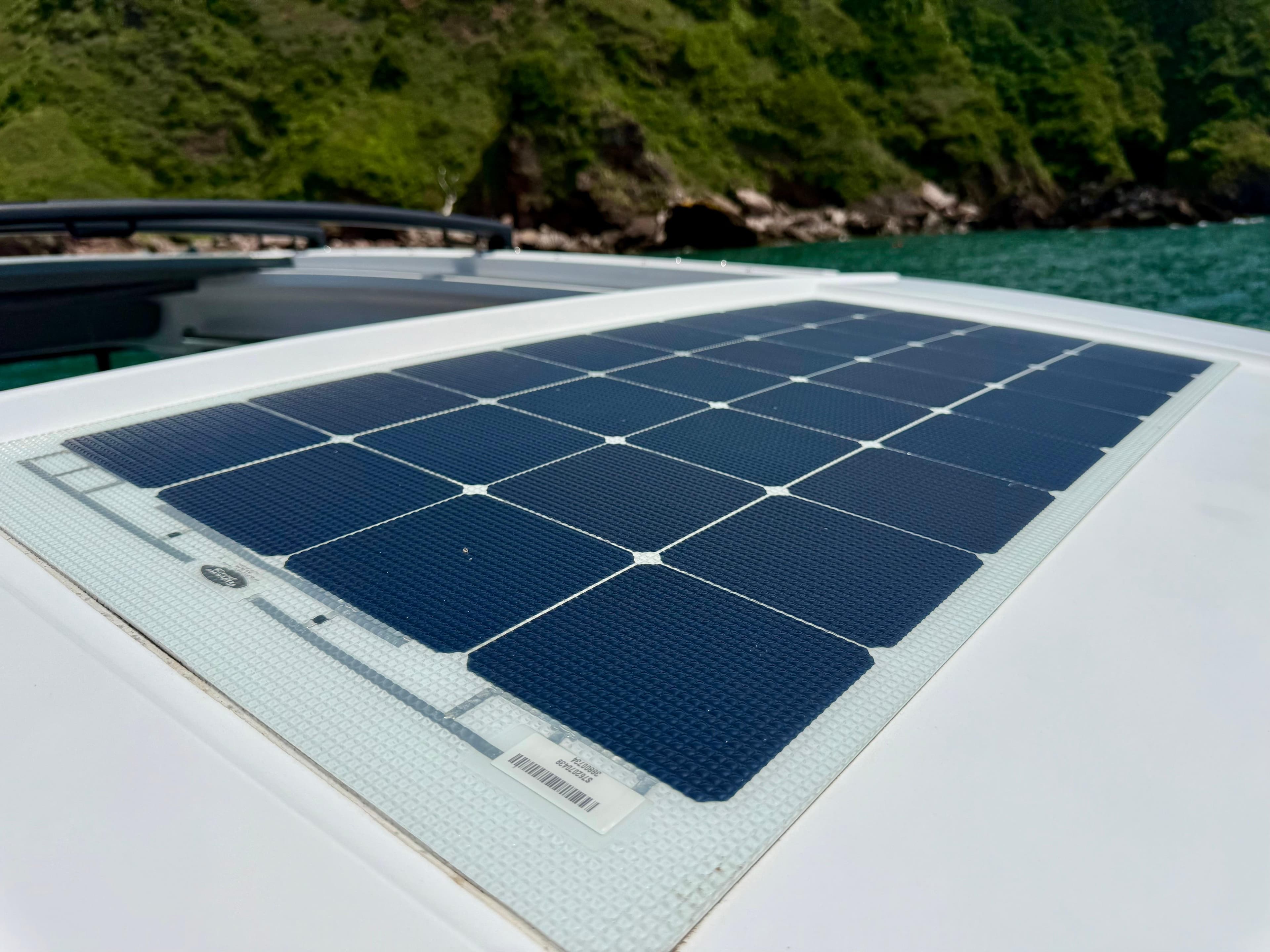 Solar panel on 2020 Axopar 37 Cross Cabin, enhancing energy efficiency on water.