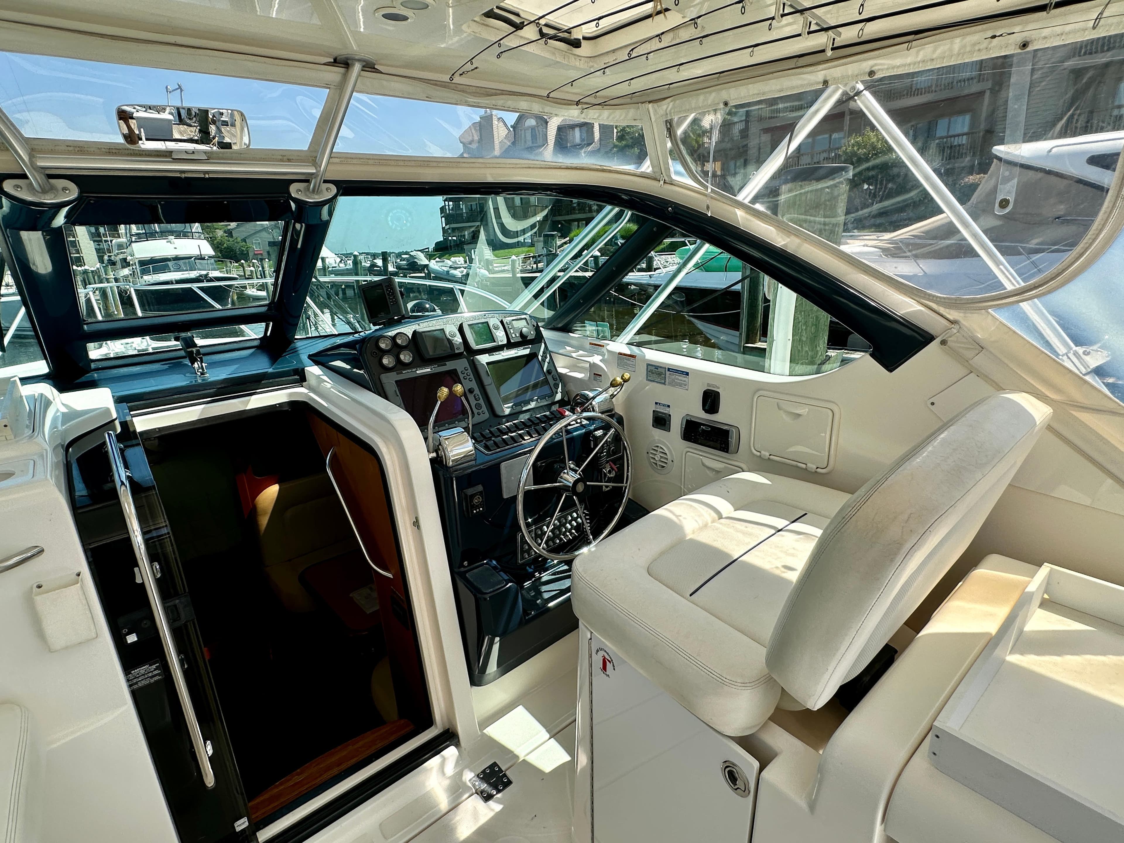 2005 Tiara Yachts 3600 Open helm with modern controls and comfortable seating.