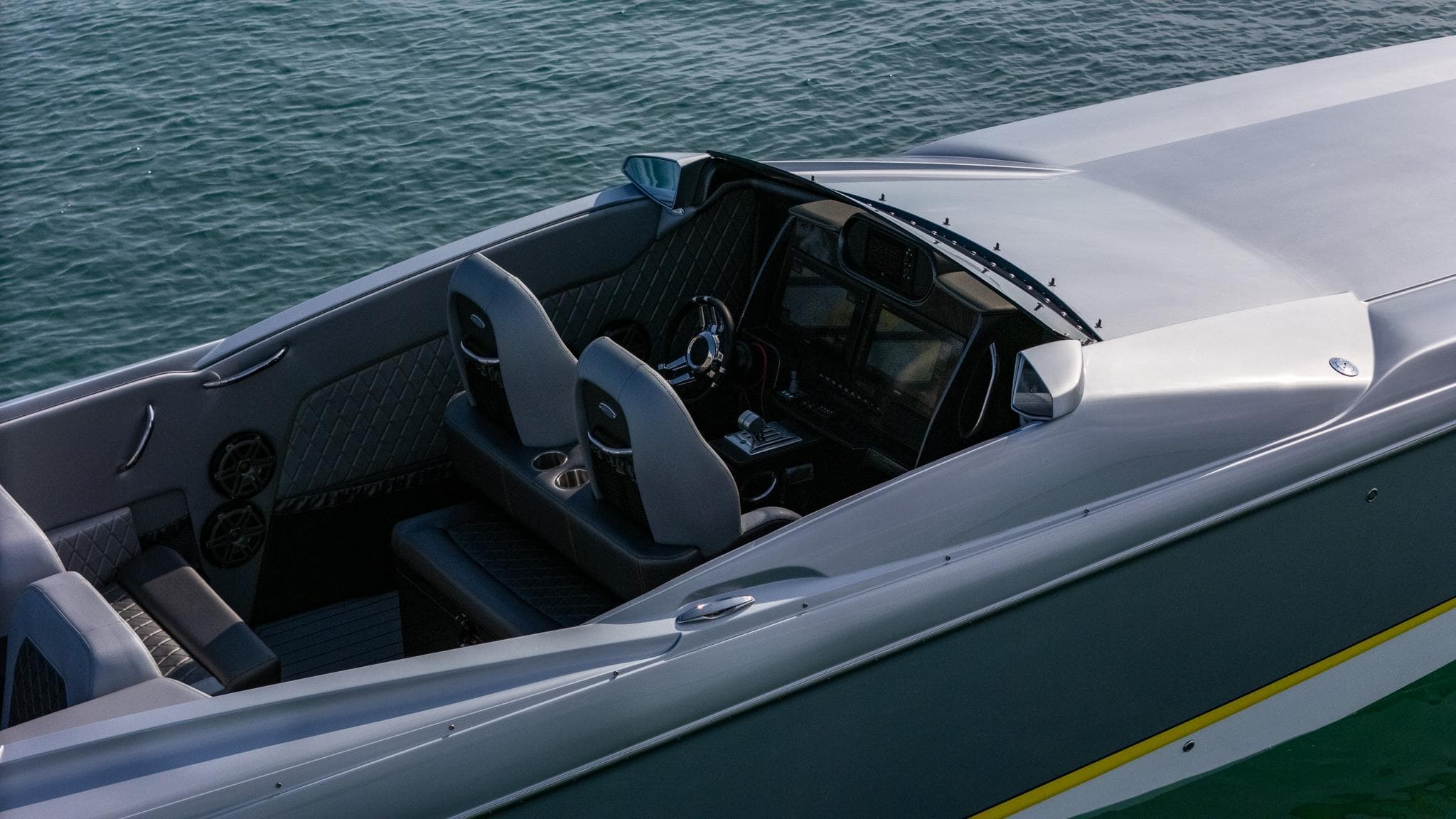 2017 Nor-Tech 3900 Super-VEE boat interior with sleek design on water.