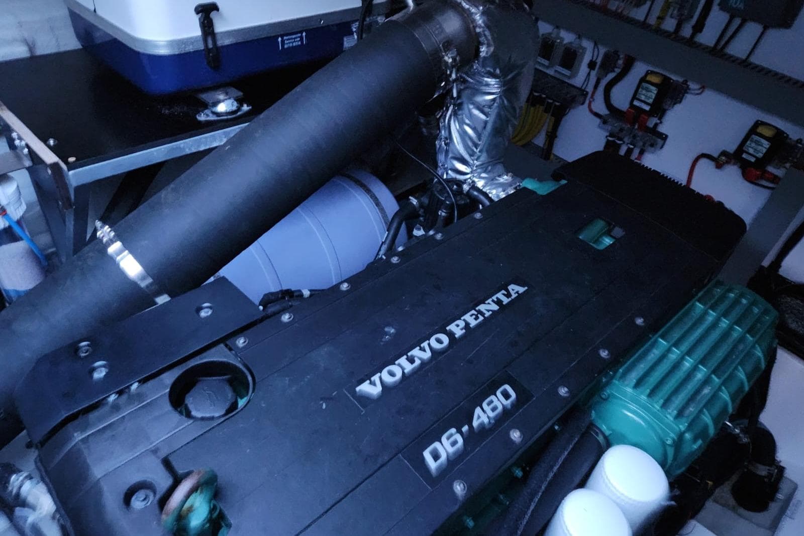 Engine room of 2024 Aquila 54 Yacht featuring Volvo Penta D6-480 engine.