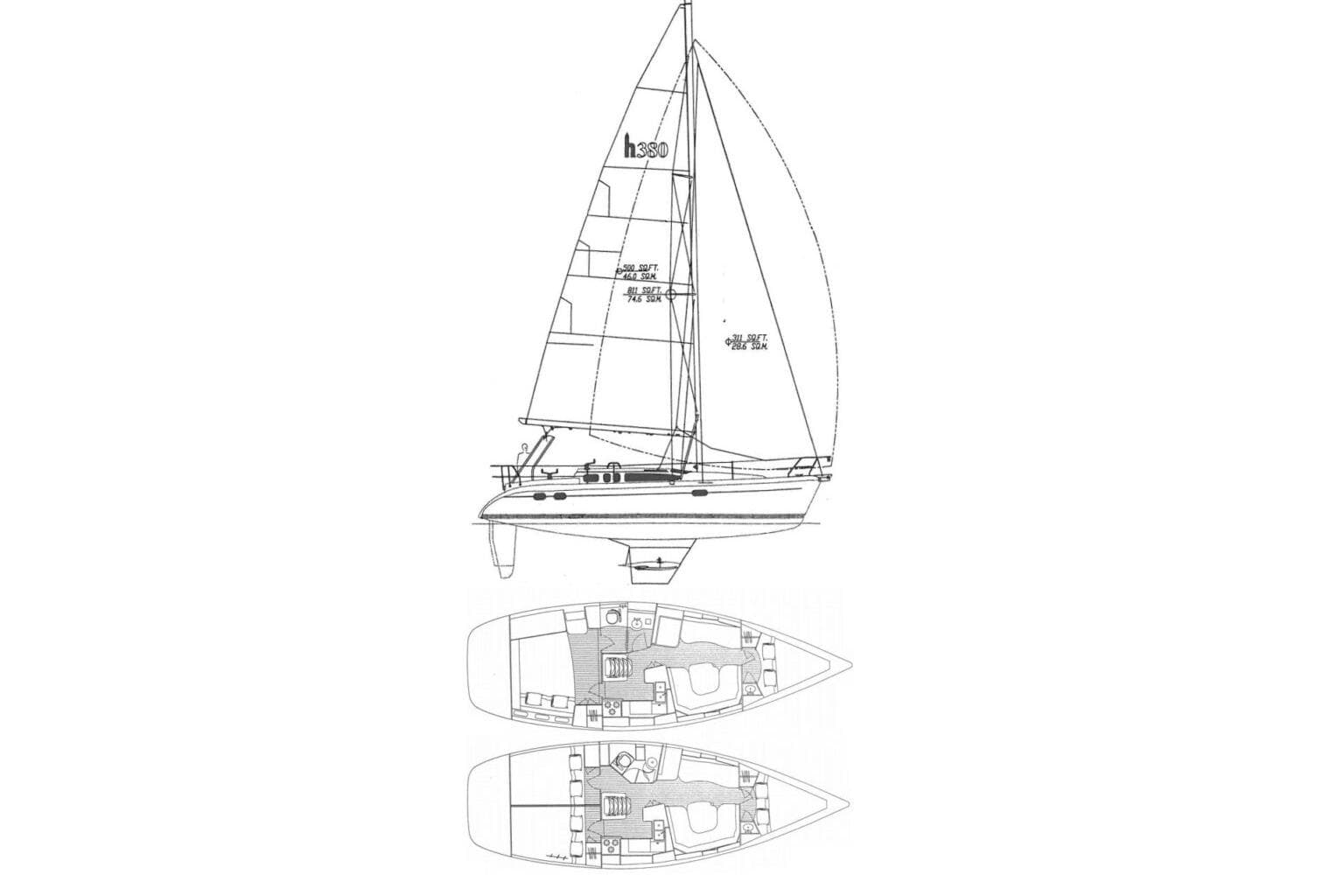 Line drawing of a 1999 Hunter 380 sailboat with interior layout plans.