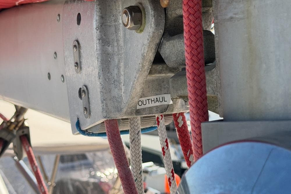 Close-up of outhaul mechanism on a 2000 Leopard 38 sailboat.