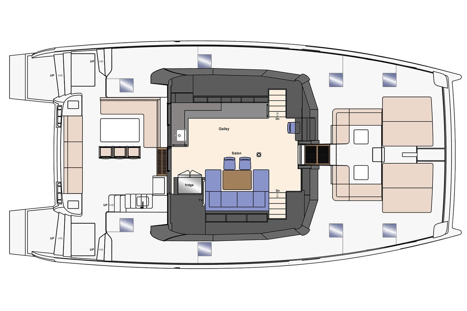 Manufacturer Provided Image: Floor plan of 2025 Heysea Seaview 59 yacht, featuring galley, salon, and seating areas.