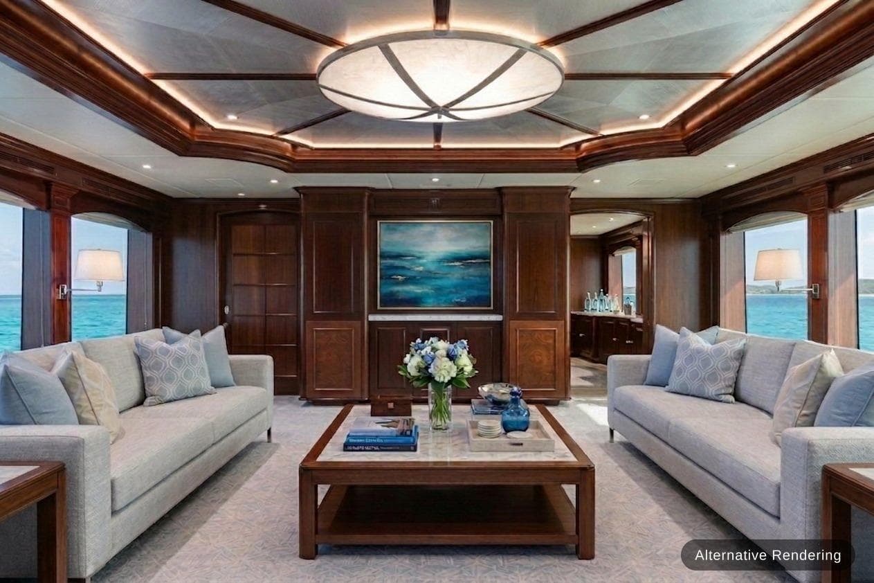 Luxurious interior of 2003 Trinity Yachts motoryacht with elegant wood paneling and ocean views.