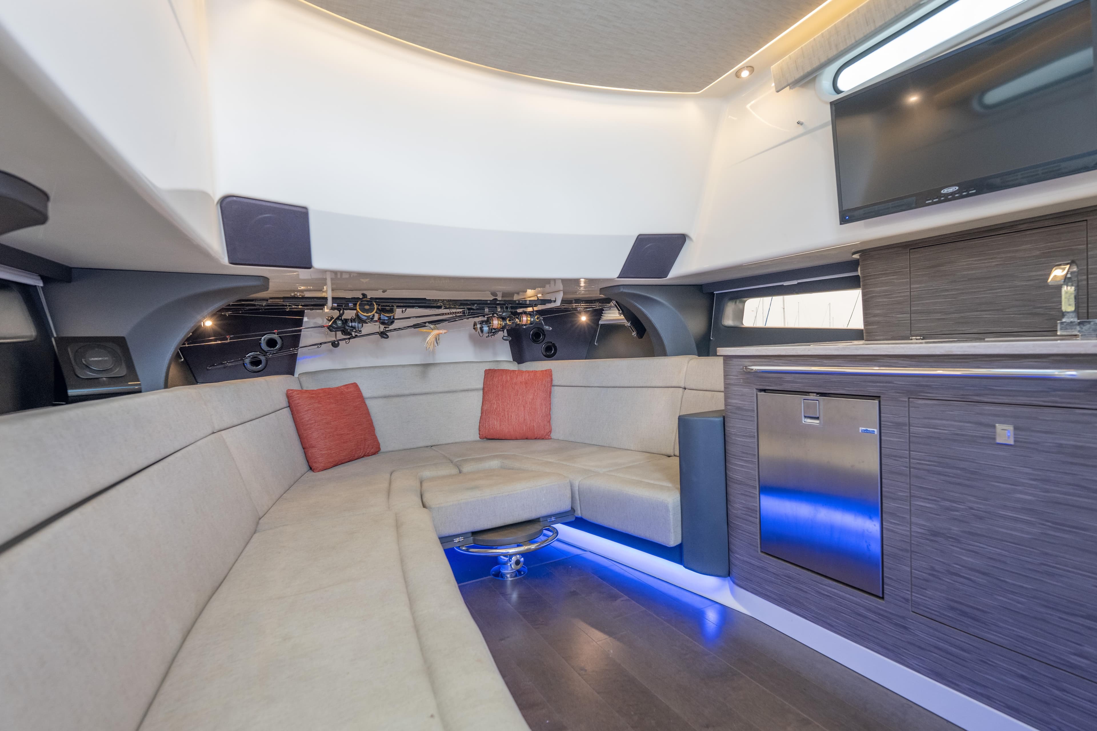 Luxurious interior of 2018 Boston Whaler 420 Outrage with modern seating and amenities.