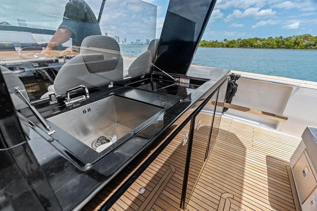 Luxury Pardo 43 yacht kitchen area with sleek design, 2021 model, on open water.