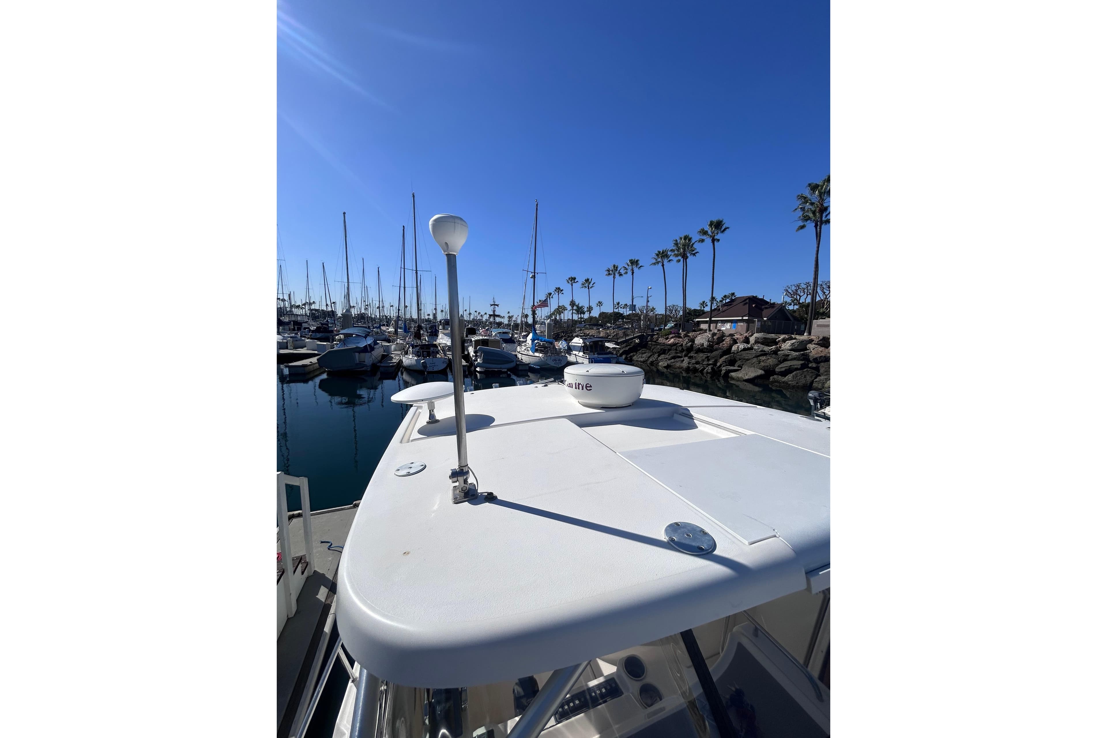 2006 Wellcraft 290 Coastal boat docked in a sunny marina with palm trees.