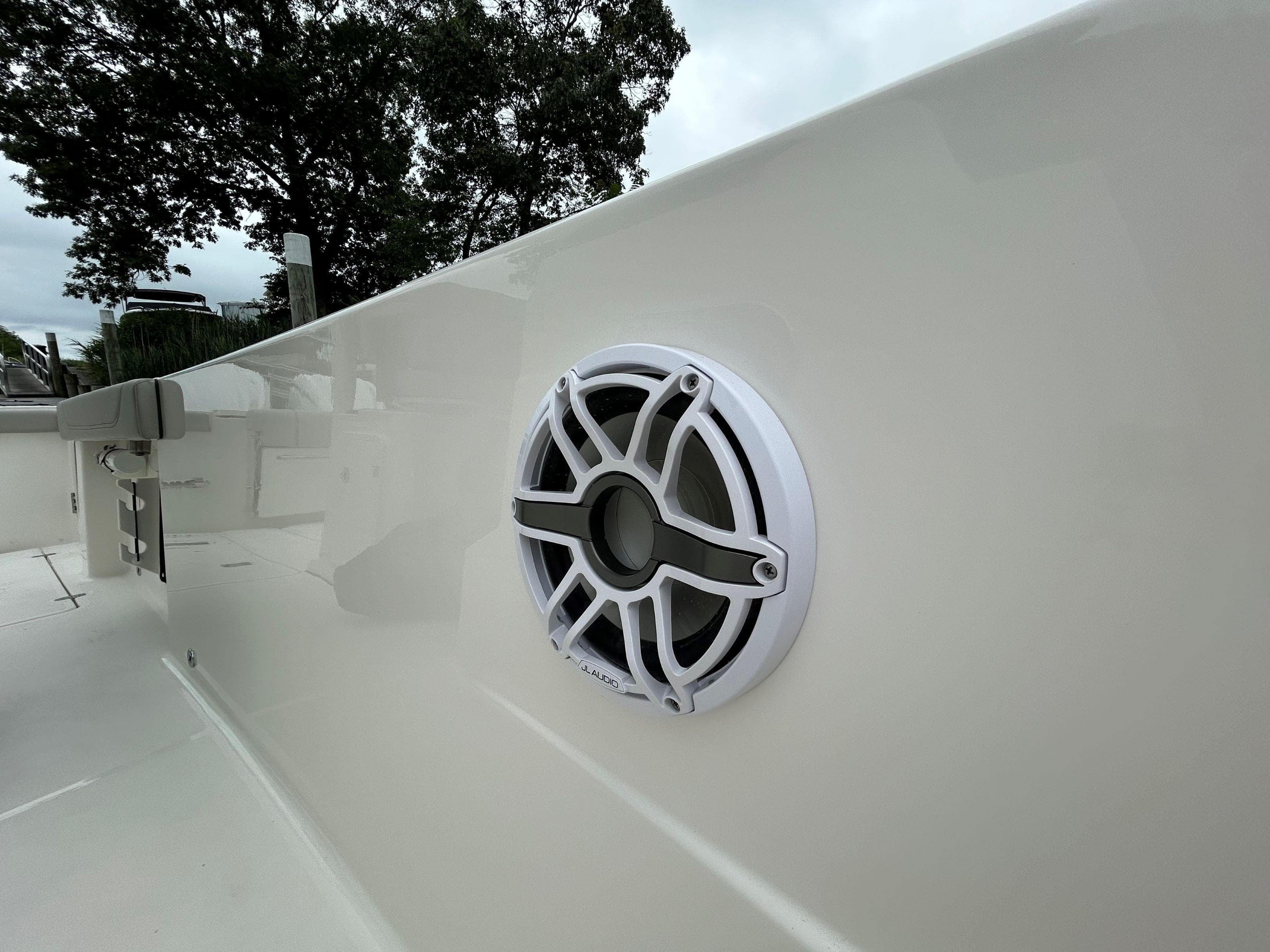 2026 Pursuit S 288 boat with JL Audio speaker on deck.