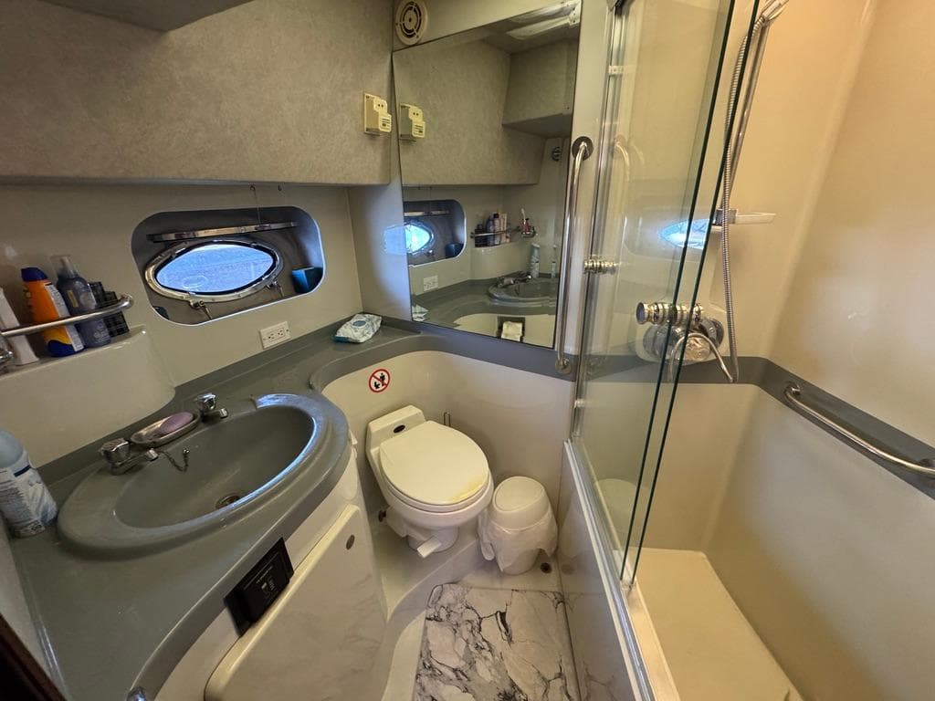 Bathroom interior of 1989 Birchwood 62 Cockpit Motor Yacht with shower and sink.