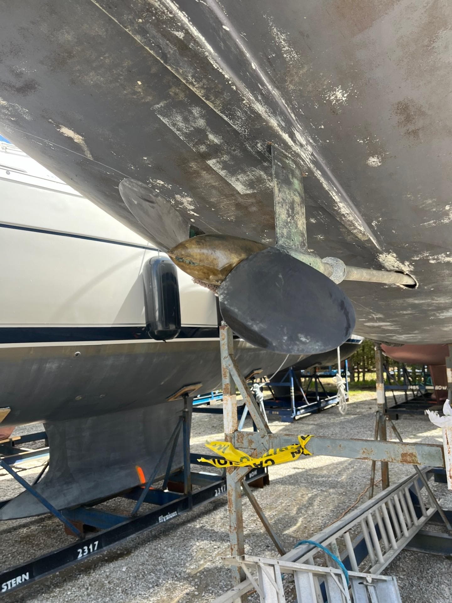 1984 Nelson Marek Morgan 36R sailboat hull and propeller in dry dock.