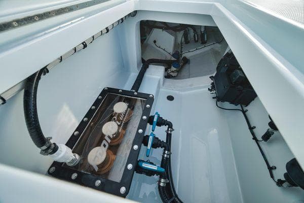 Interior view of 2026 Front Runner 37 Cat boat's engine compartment.