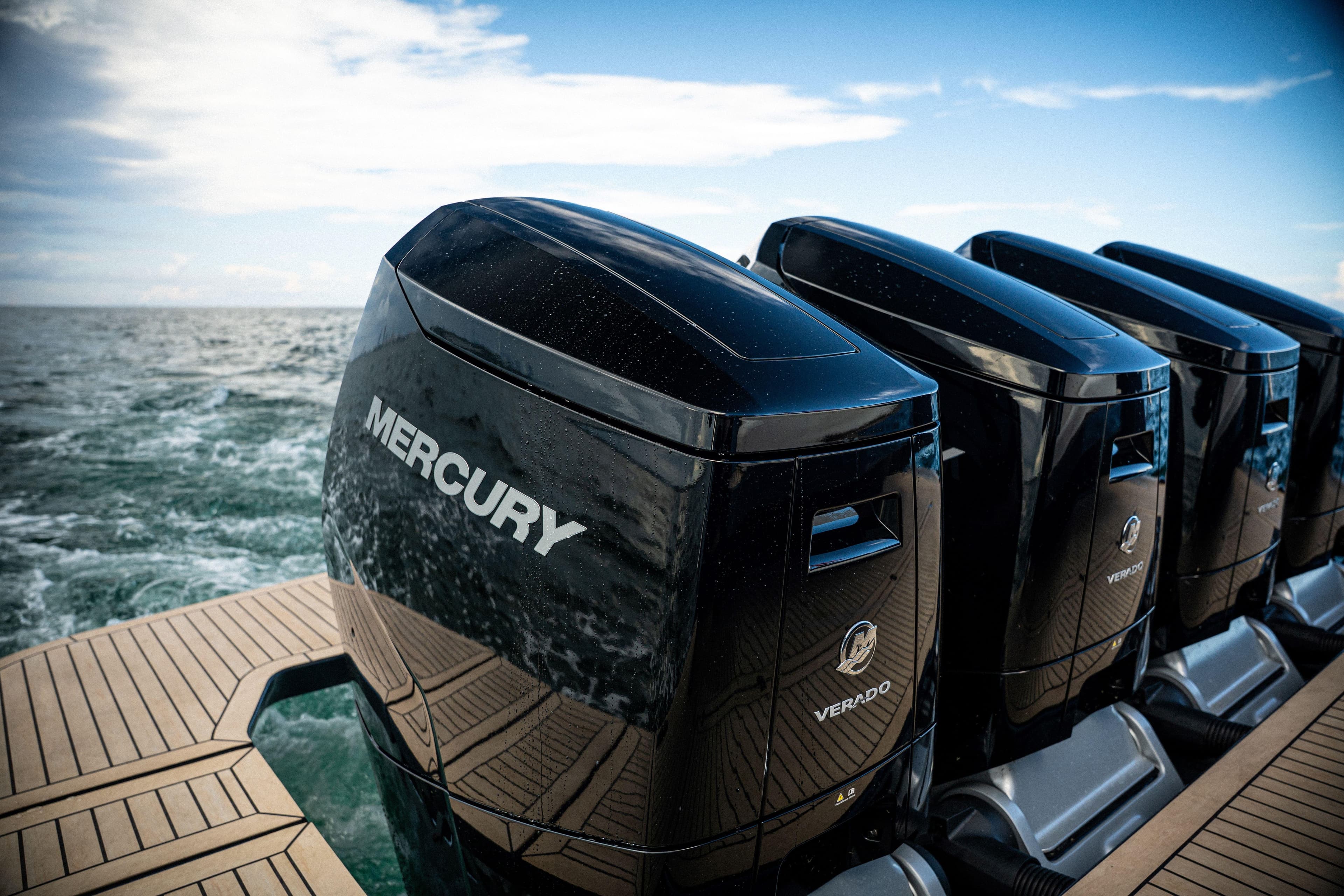 Four Mercury Verado outboard engines on a Dutch American DA 53, 2025 model, at sea.