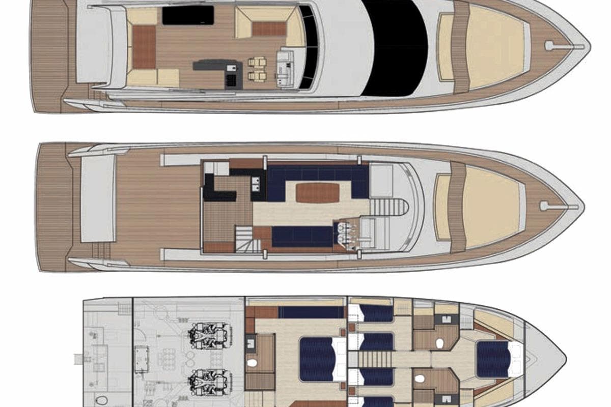 Floor plan of 2026 Segue X7 yacht, showcasing three detailed deck layouts.
