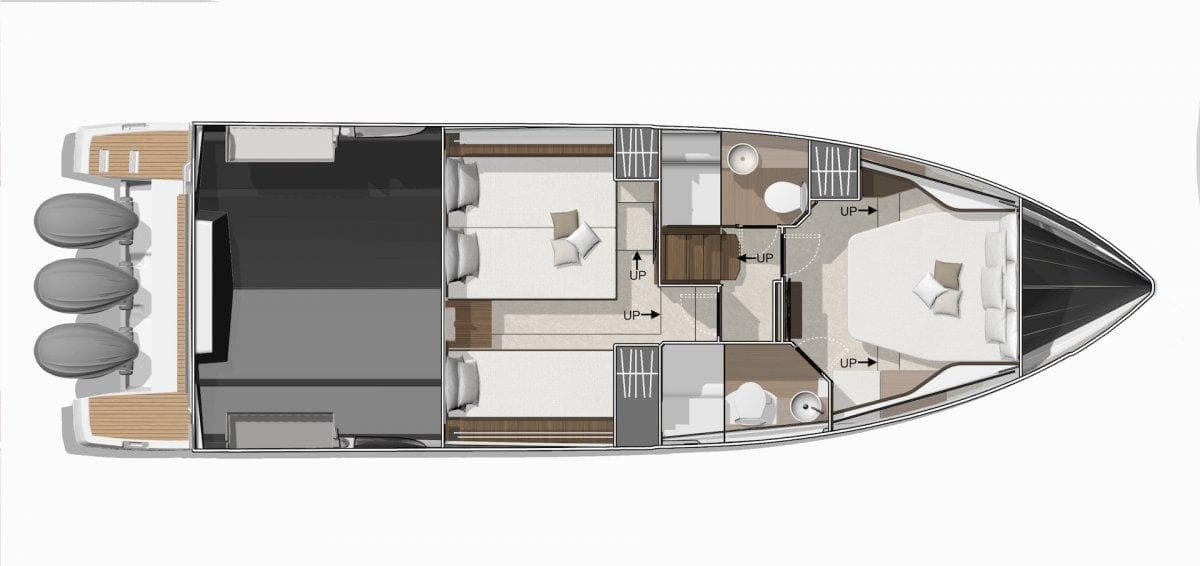Floor plan of 2025 Wellcraft 44 Explorer boat, featuring cabins and living areas.