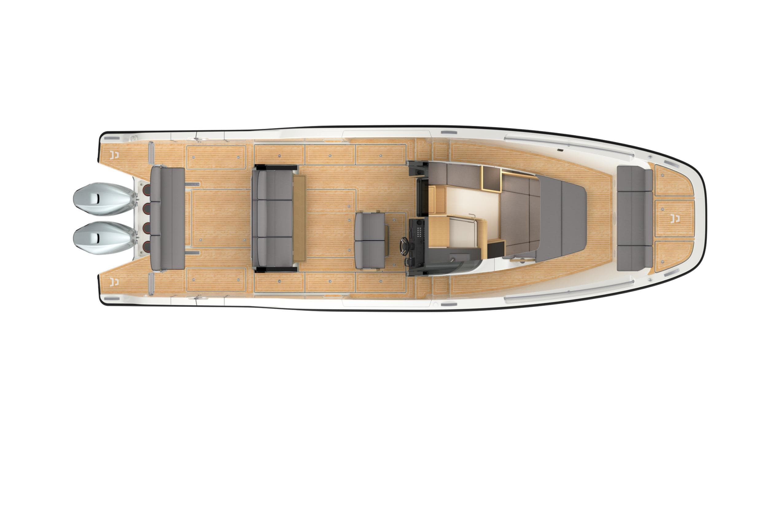 Top view of 2026 Aiata Wayfinder 38 Suntop boat with dual engines and spacious deck layout.