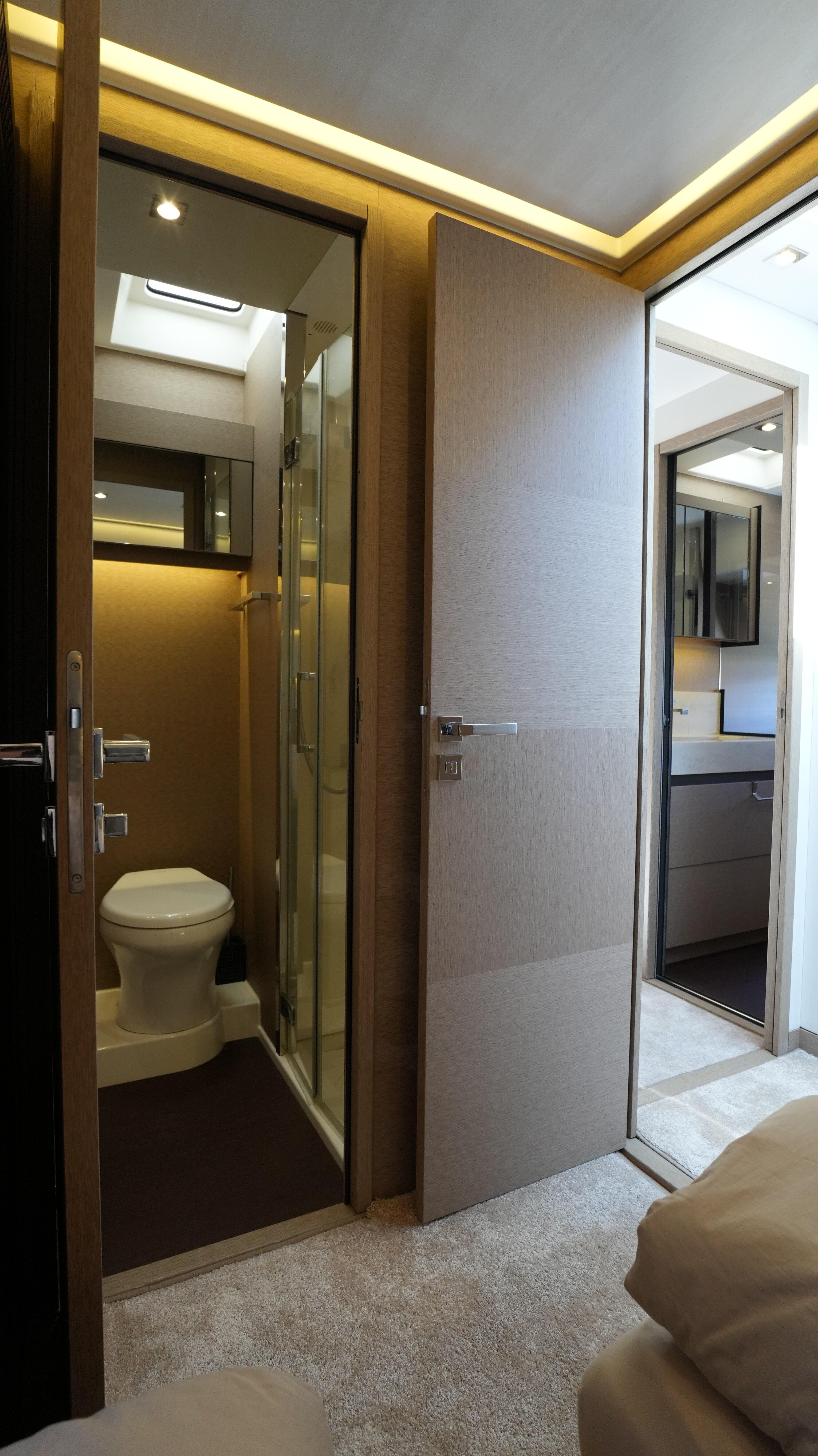 Luxurious bathroom on a 2019 Prestige 630 yacht.
