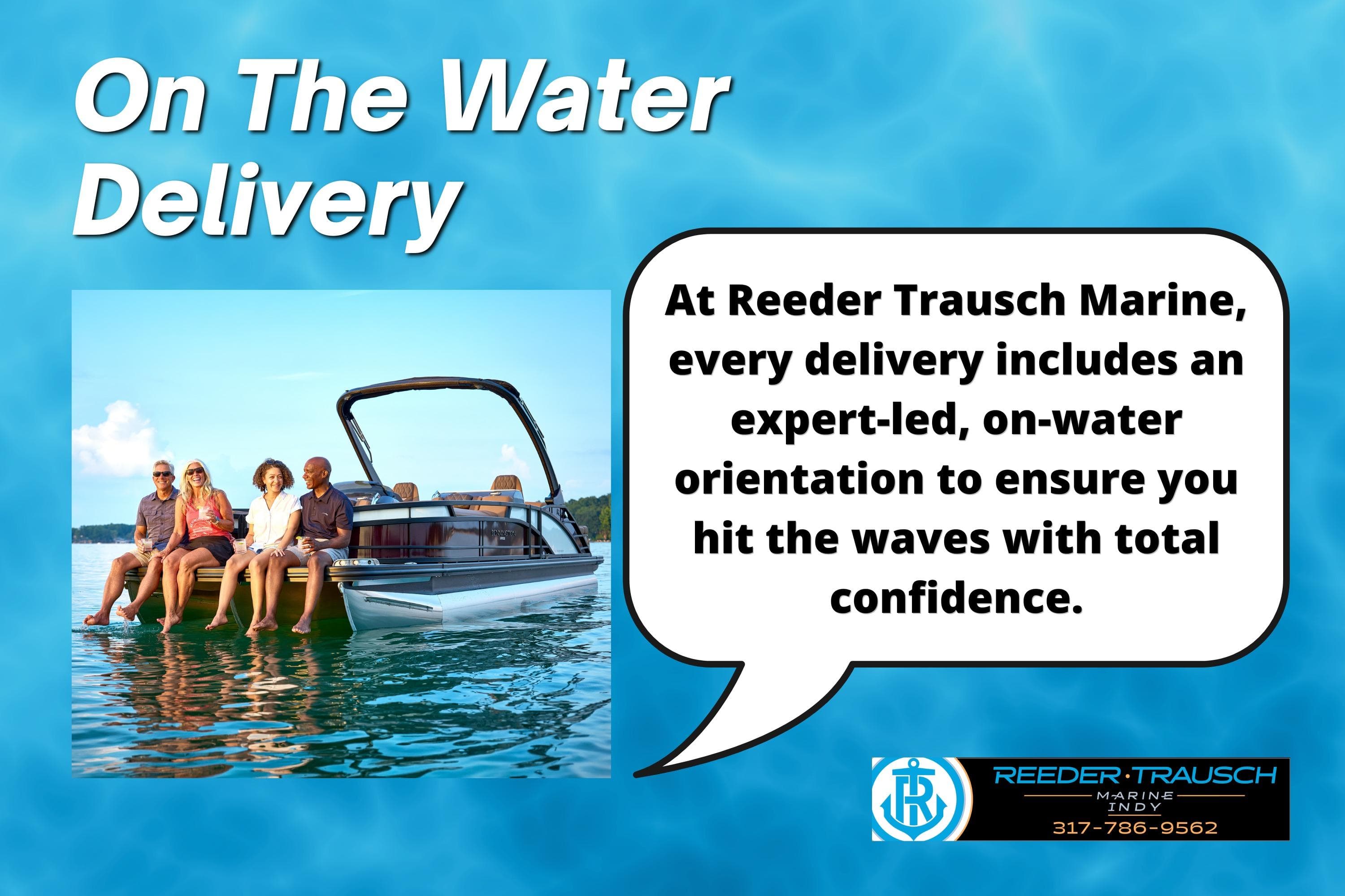 Group enjoying a ride on a 2026 Bennington 21 SF boat, promoting Reeder Trausch Marine services.