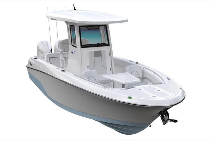 2026 Wellcraft 243 Fisherman boat, modern design, white and blue.