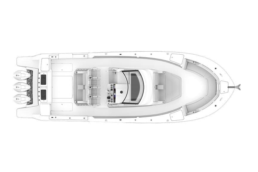 Manufacturer Provided Image: Top view of 2026 Bertram 39 CC boat layout with triple engines.
