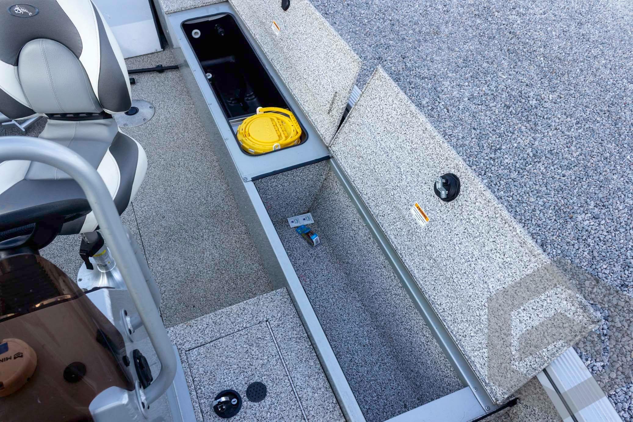 2023 Polar Kraft Outlander 186 CC boat interior storage compartments and seating.
