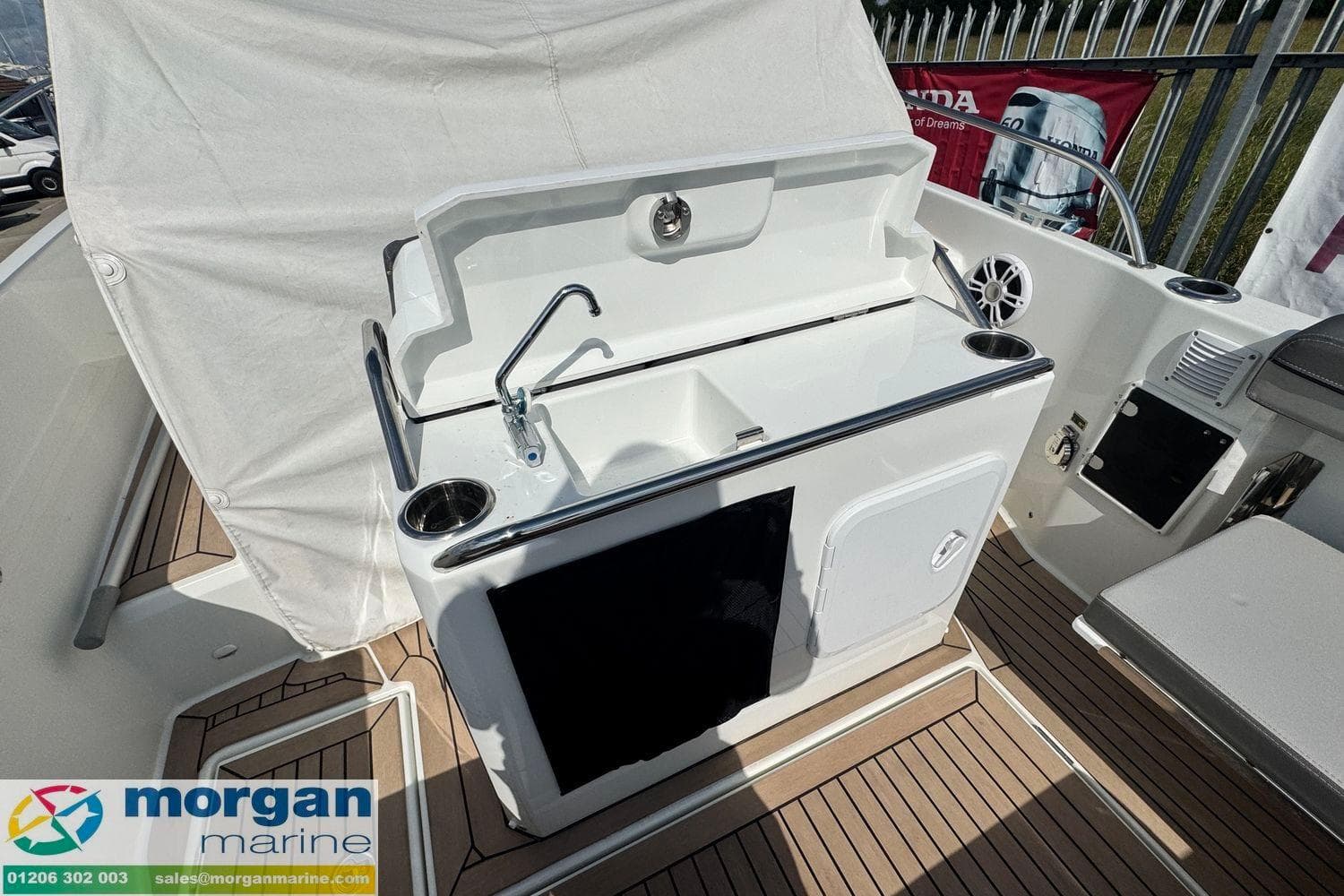2023 Jeanneau Cap Camarat 7.5 WA Serie 3 boat with outdoor sink and storage.