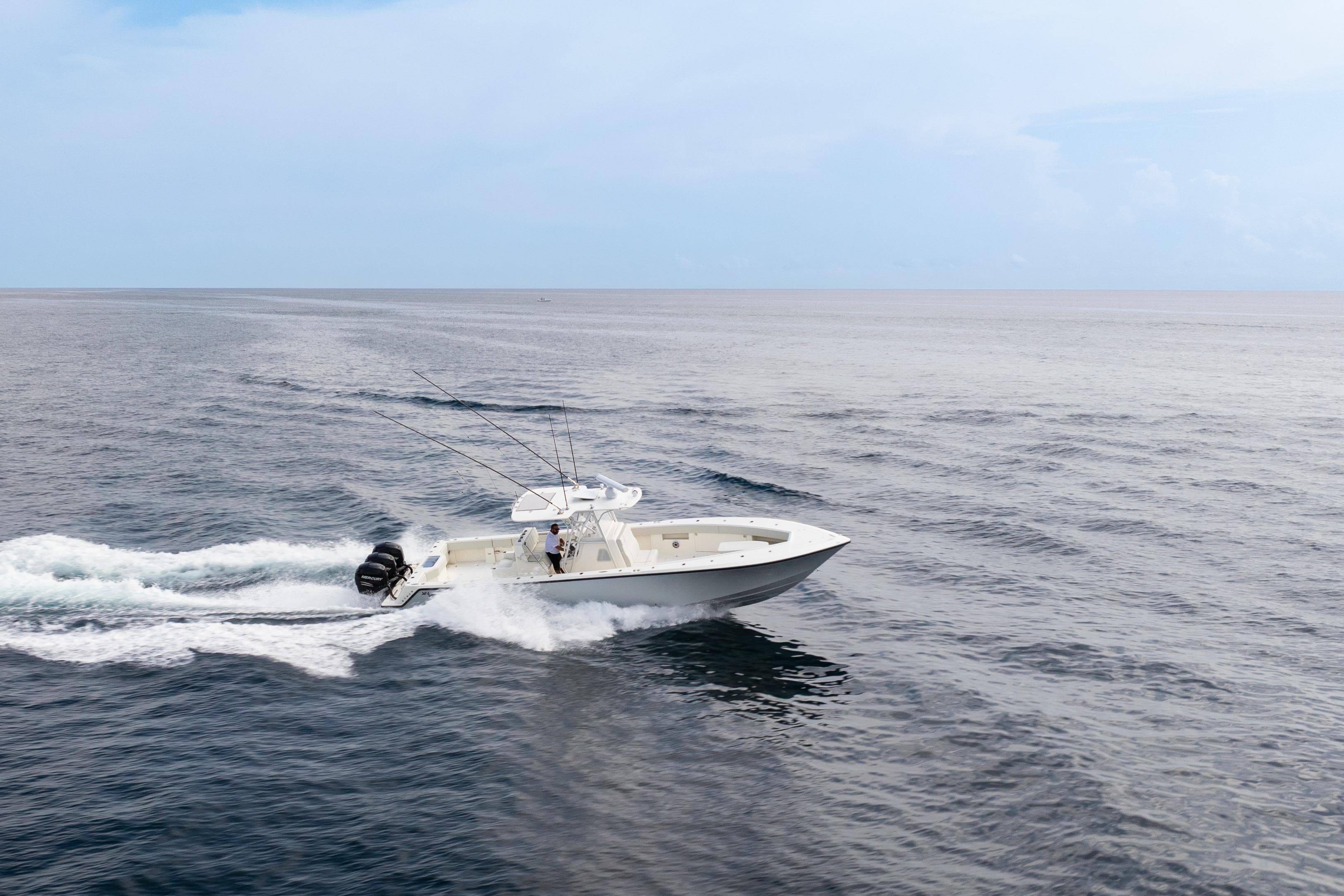 2015 SeaVee 390Z boat cruising on open ocean waters.