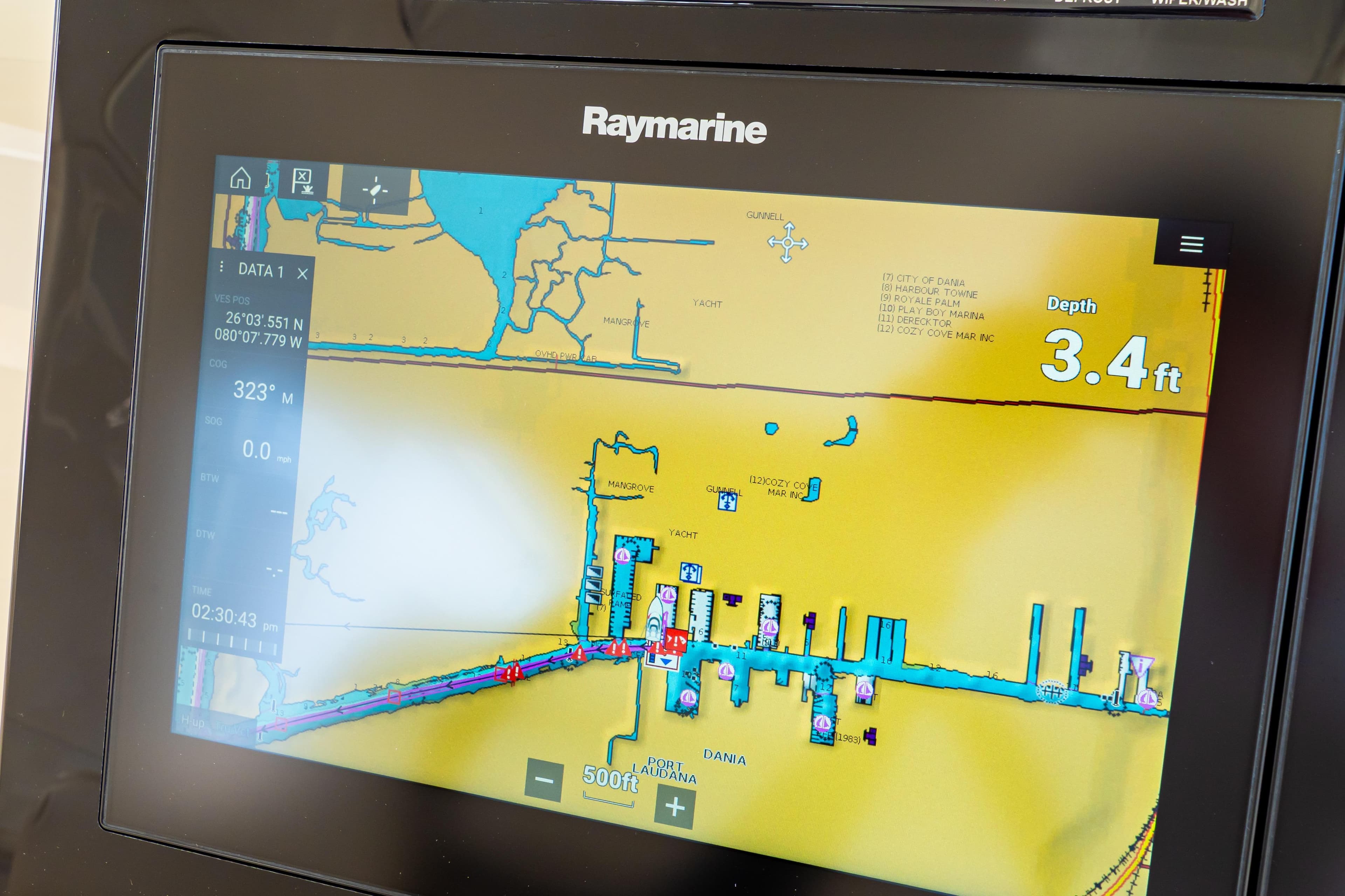 Raymarine navigation display on 2019 Boston Whaler 350 Realm, showing depth and map details.