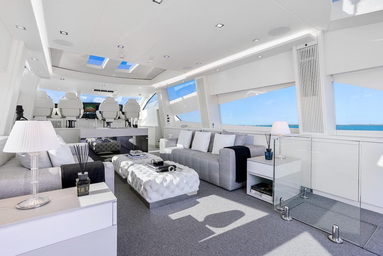 Luxurious interior of 2008 Sunseeker Predator 108 yacht with modern furnishings and ocean view.