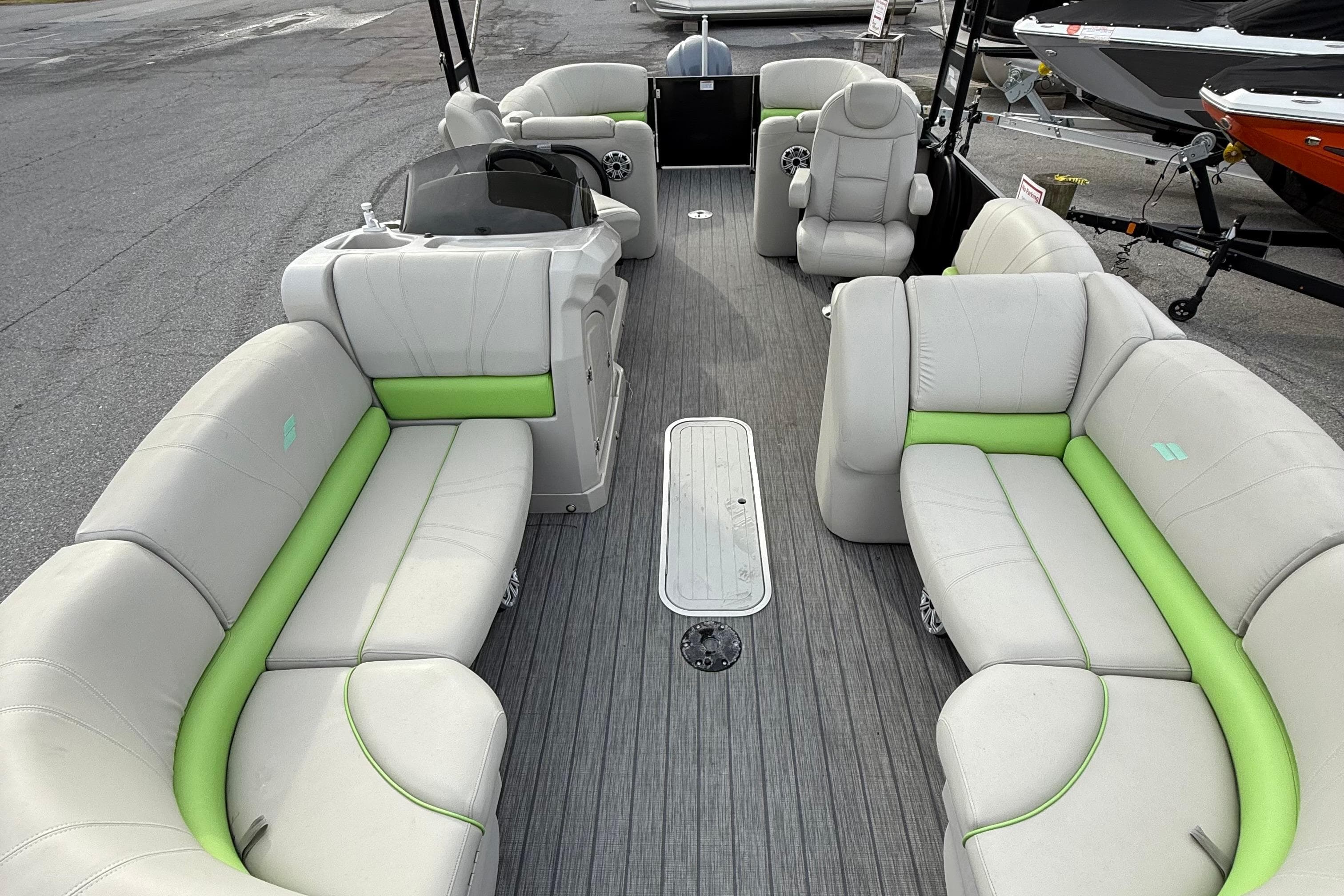 2018 Starcraft SLS 5 pontoon boat with spacious seating and modern design.