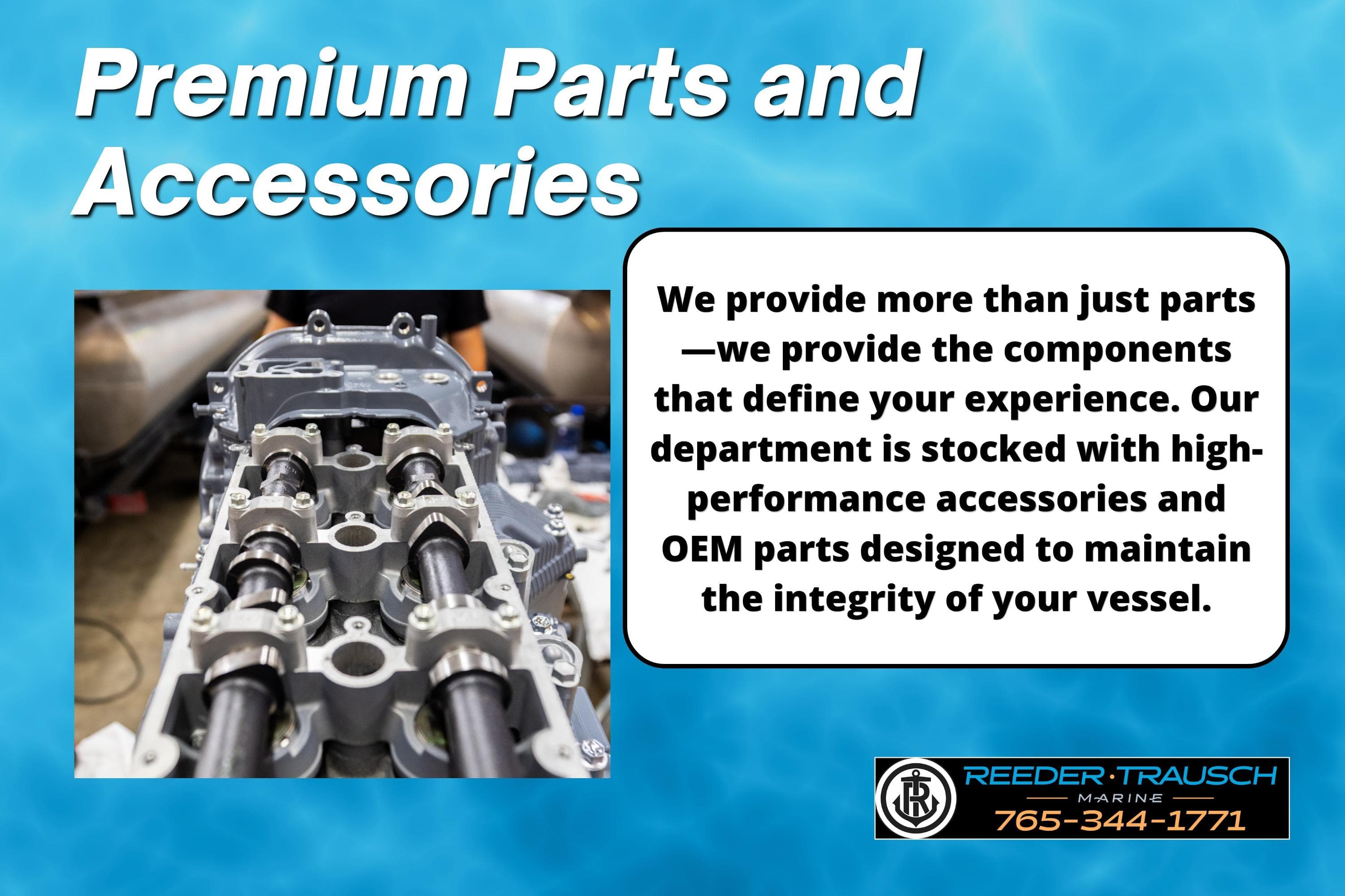 Premium marine parts and accessories advertisement featuring engine components and contact information.