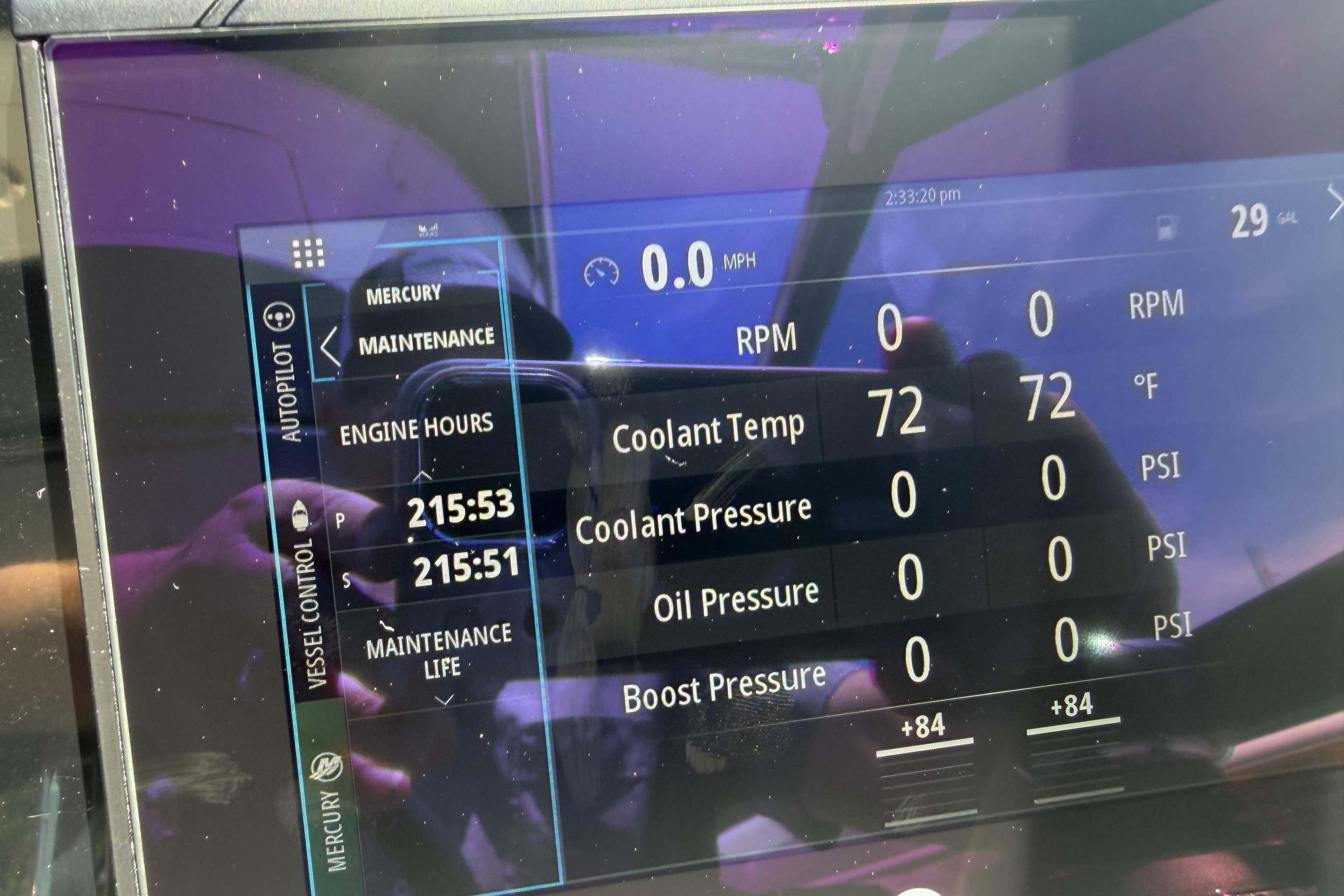 Dashboard of a 2022 Formula 310 Sun Sport showing engine metrics and maintenance data.