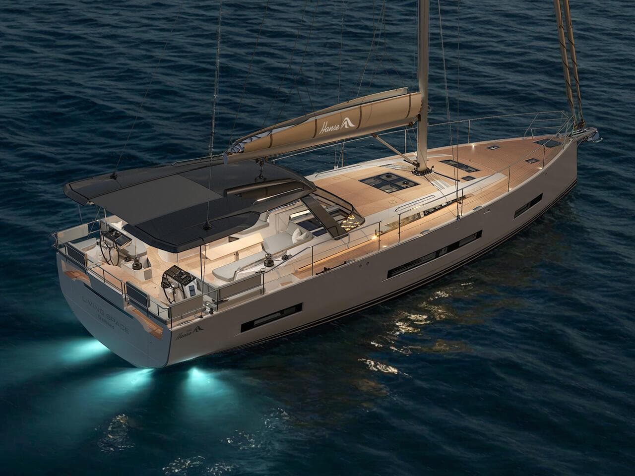 Luxurious 2025 Hanse 590 yacht illuminated on calm waters at dusk.