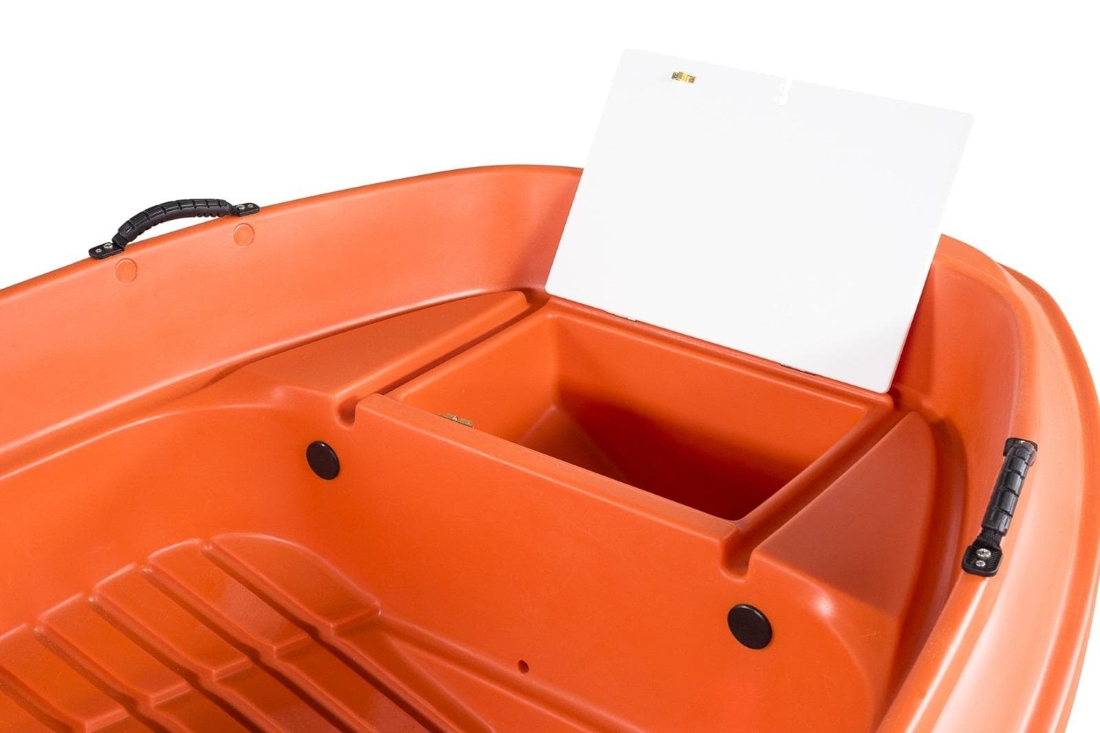 Orange Rigiflex New Matic 300 boat interior, 2026 model, featuring storage compartment.