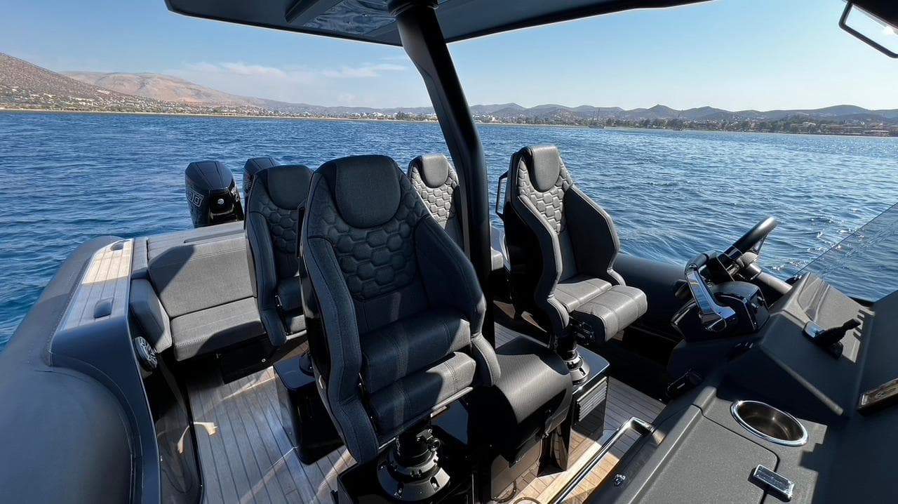 2023 Technohull EXPLORER 40S luxury boat interior with sleek seating on open water.