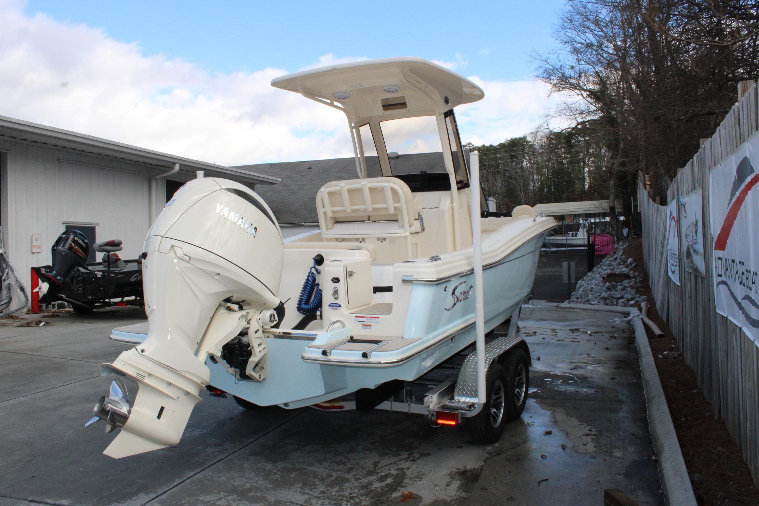 2026 Scout 220 XSF boat with Yamaha outboard motor on trailer.
