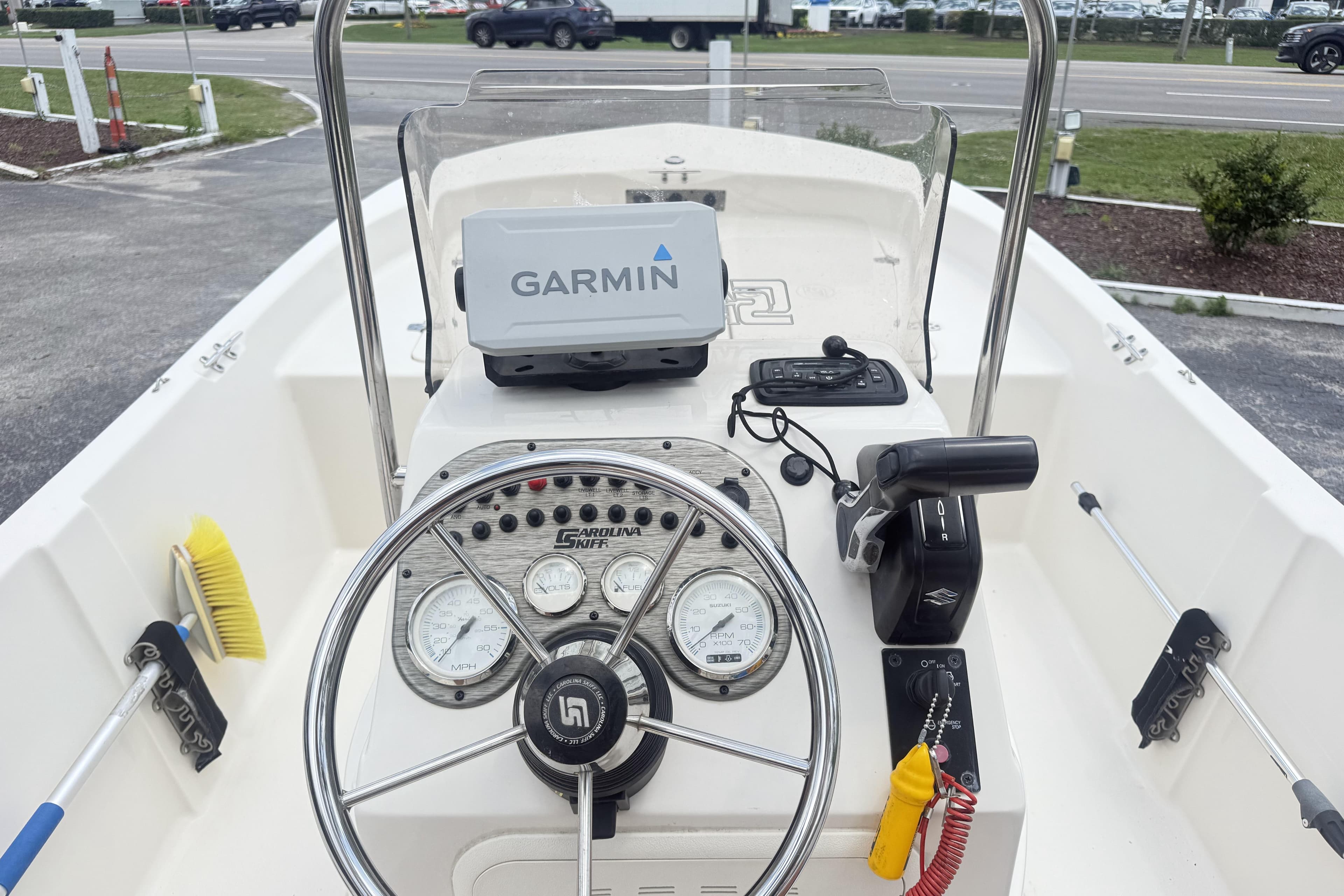 2023 Carolina Skiff 162 JLS boat dashboard with Garmin navigation system.