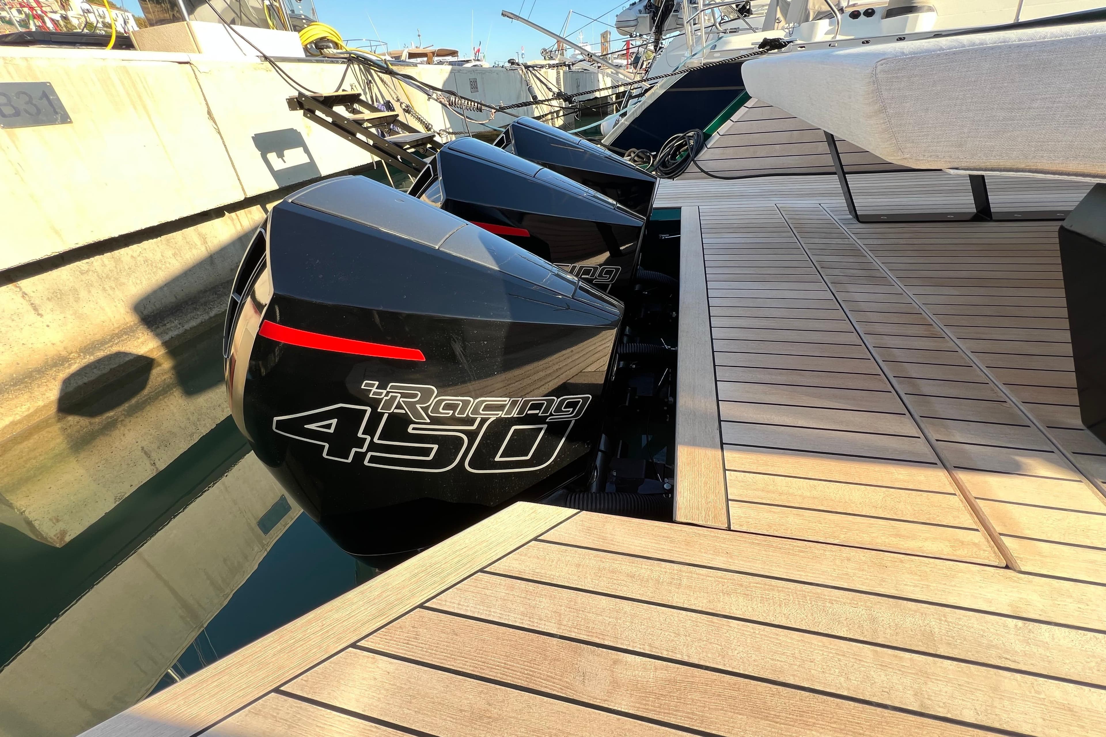 2024 Wally Tender 43 X with powerful Racing 450 engines docked at marina.